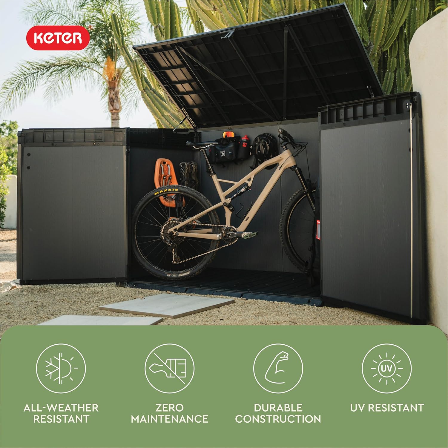Keter Cortina Mega All‑Weather Outdoor Resin Horizontal Storage Shed with Lockable Doors, Garbage Bin & Yard Equipment Storage, Durable Patio Storage Cabinet, Graphite