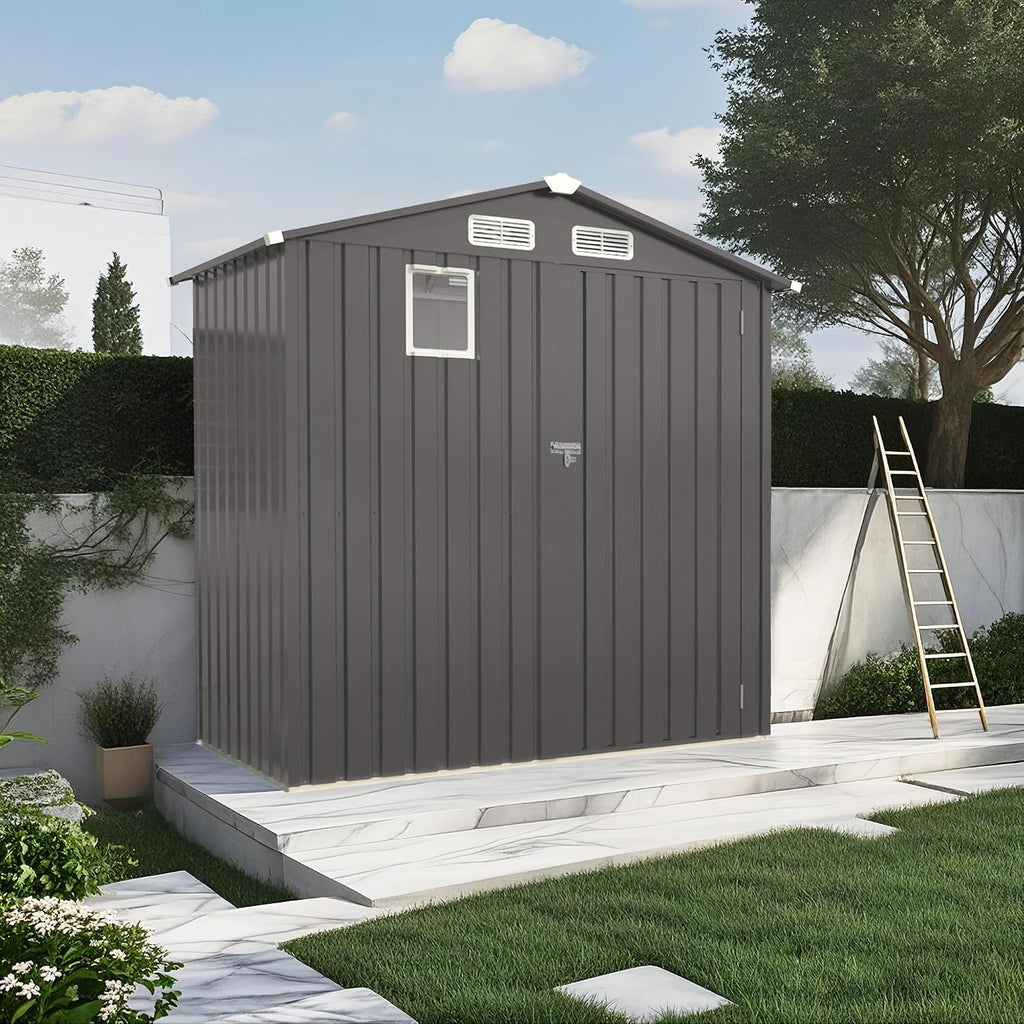 6×3.6 FT Outdoor Tool Shed with Peaked Roof Waterproof, Metal Tool Shed with Lockable Door and Clear Window, Galvanized Steel Storage Shed with Ventilation, Compact Utility Storage Shed,Gray