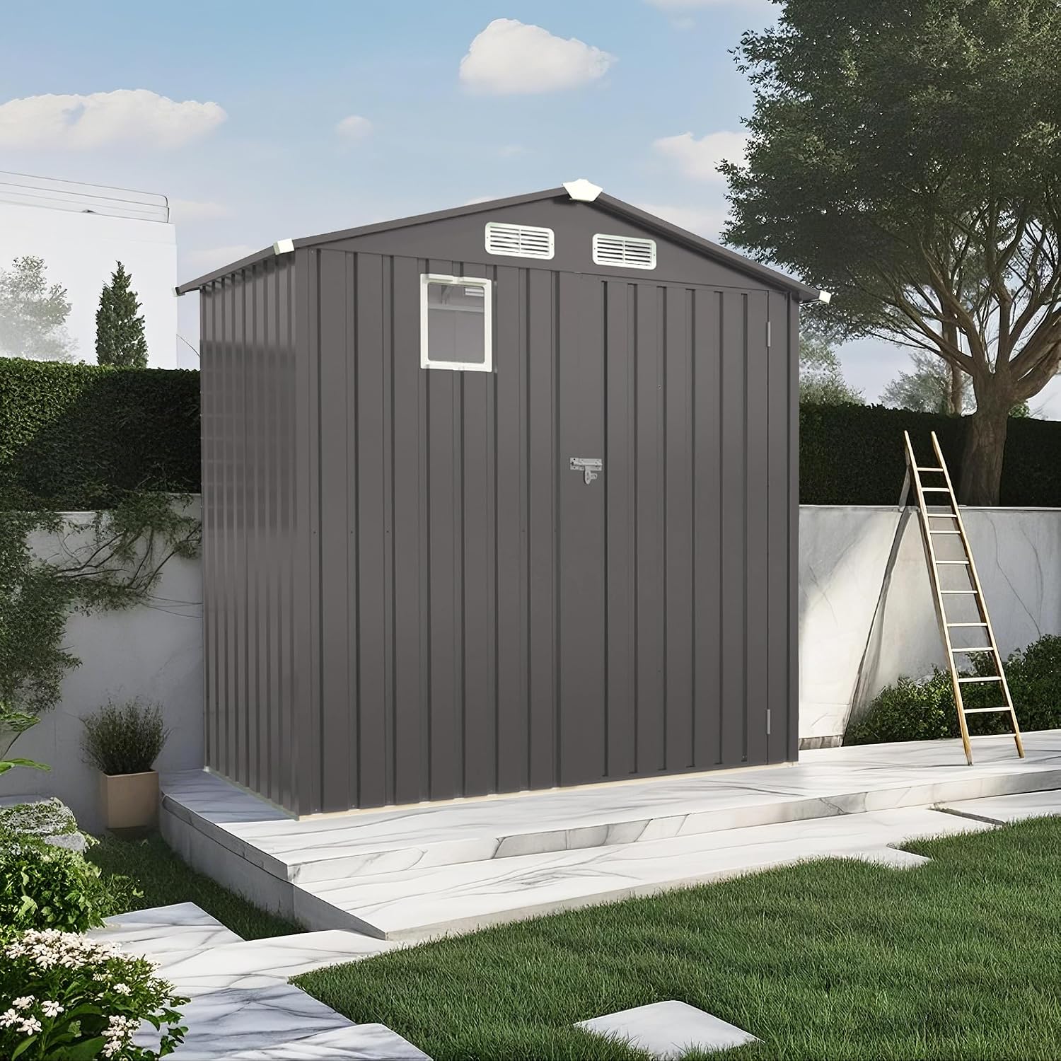 6×3.6 FT Outdoor Tool Shed with Peaked Roof Waterproof, Metal Tool Shed with Lockable Door and Clear Window, Galvanized Steel Storage Shed with Ventilation, Compact Utility Storage Shed,Gray