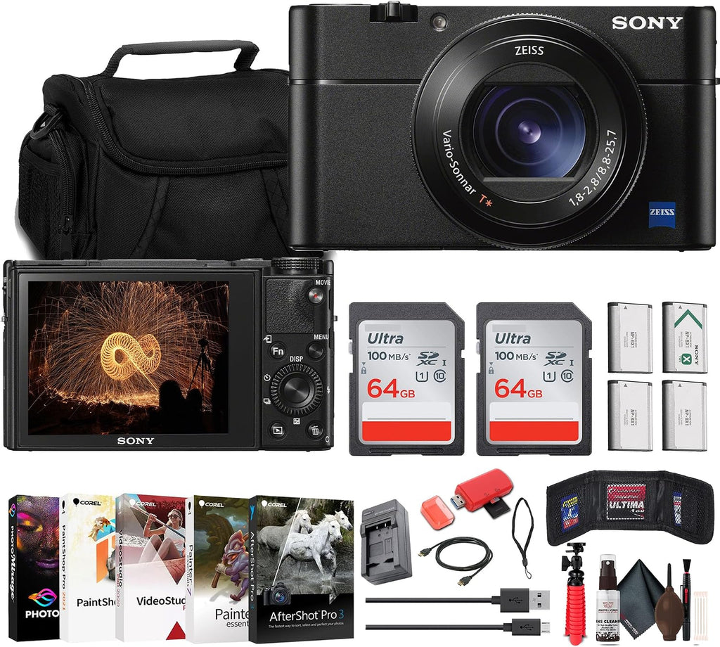 Sony Cyber-Shot DSC-RX100 VA Compact Digital Camera (DSC-RX100M5A/B) + Case + 2 x 64GB Card + 3 x NP-BX1 Battery + Card Reader + Photo Software + Charger + More