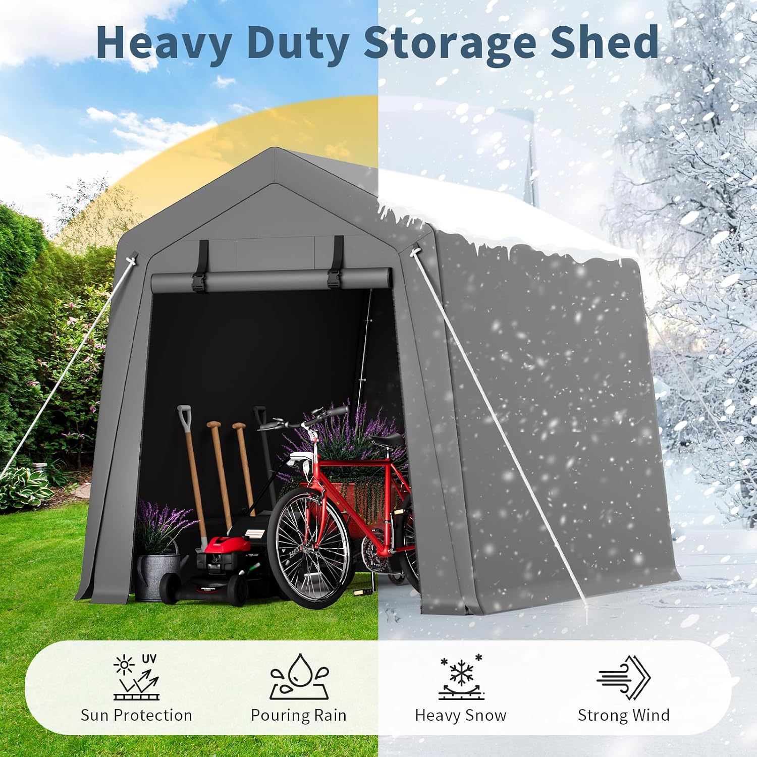 GAOMON 6'x6' Outdoor Portable Garage, Waterproof & UV-Resistant Storage Shed with 2 Roll-Up Doors, Carport Tent for Motorcycle, Bike, and Tools, Gray