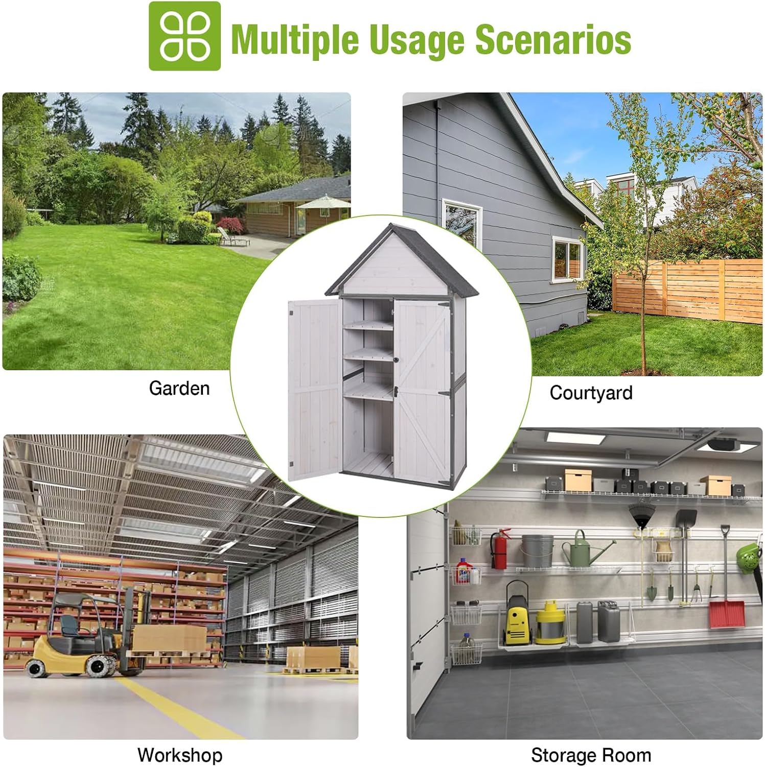 Outdoor Storage Sheds, Wooden Garden Cabinet with Metal Frame and Adjustable Shelves, Large Outdoor Shed with Floor, for Patio, Lawn and Backyard (White)