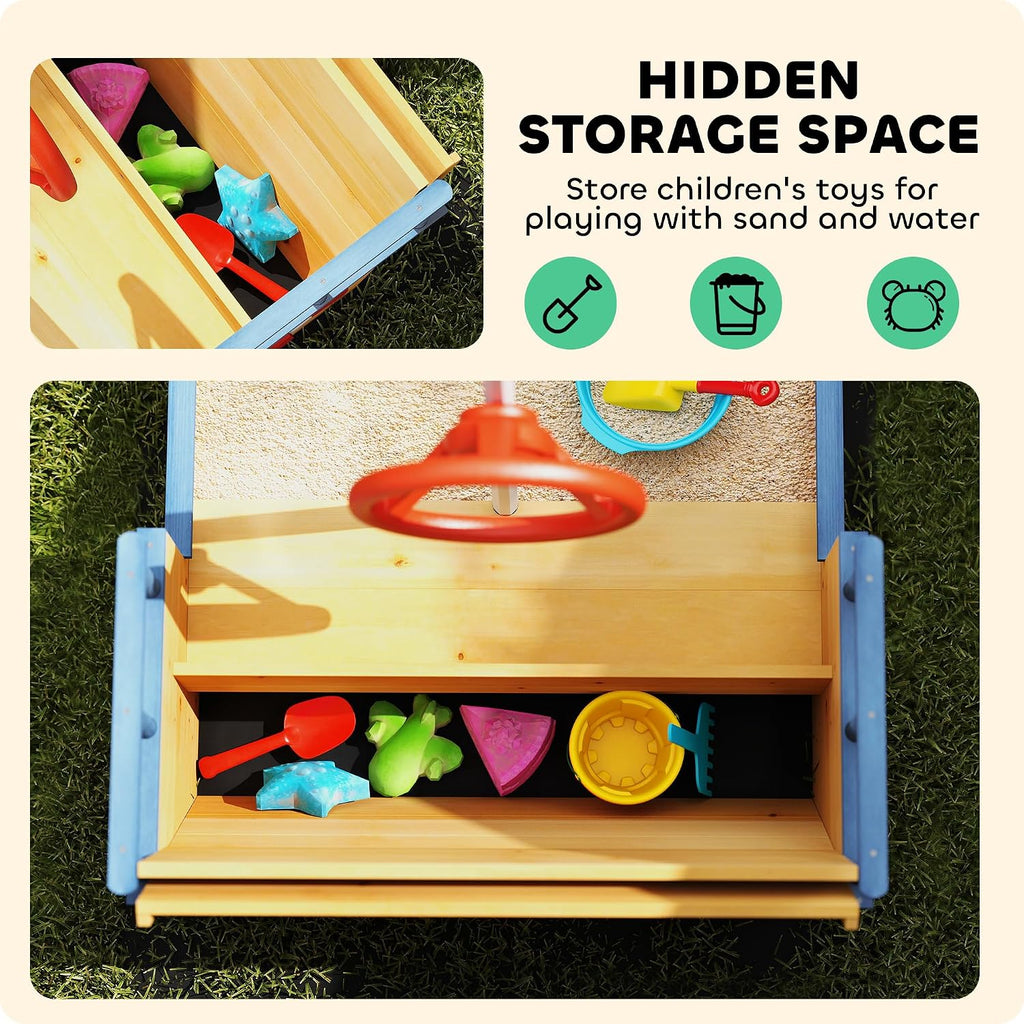 Outsunny Wooden Kids Sandbox, Ship-Shape Outdoor Sandboat with Bench Seats, Storage, Non-Woven Fabric Cloth for Backyard, Lawn, Natural Wood