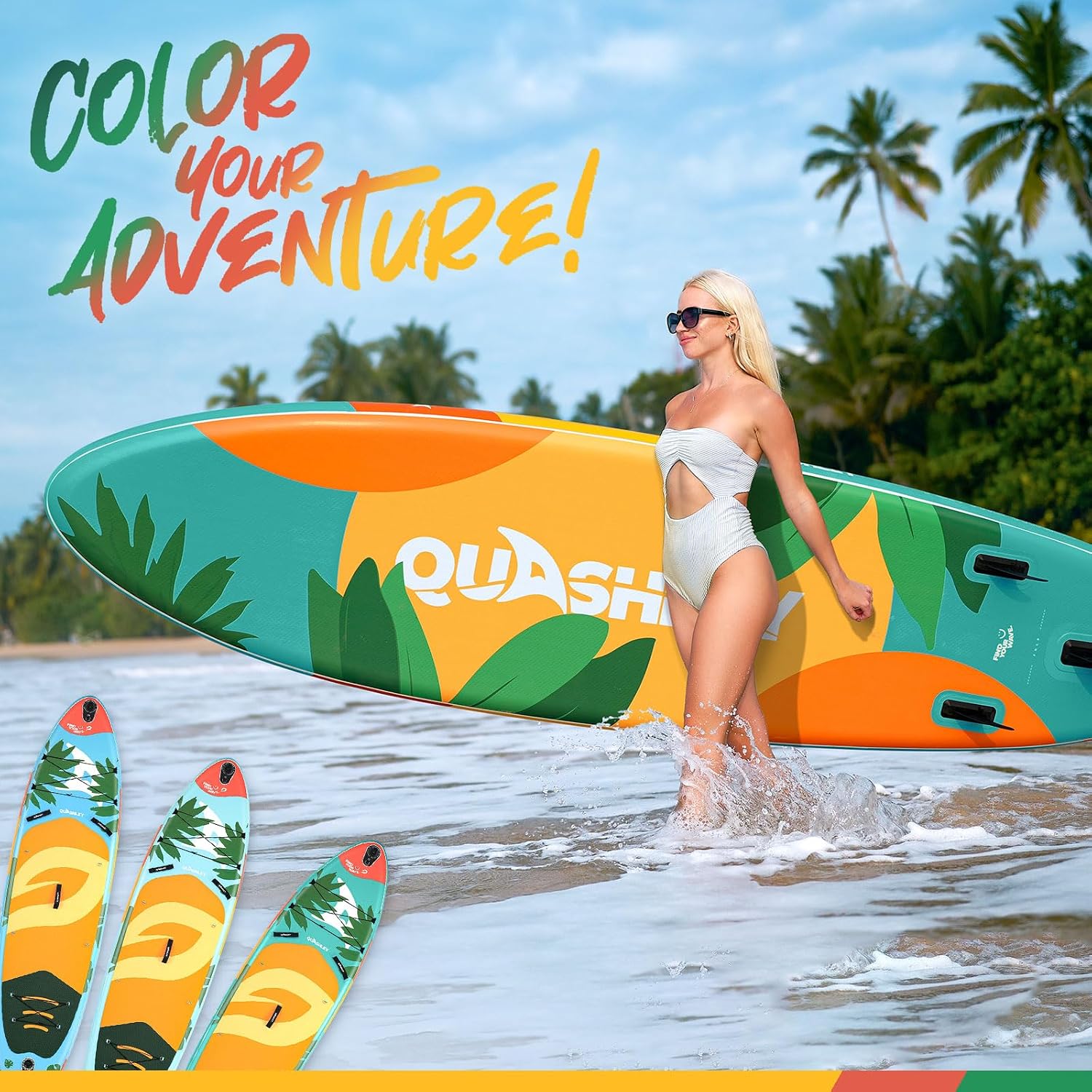 Quashley Inflatable Paddle Board Extra Wide Stand Up Paddleboards 11'×34' with All Premium Paddle Board Accessories,Inflatable SUP for Adults/Family,Beginner-Friendly,Removable Fin,Hand Pump