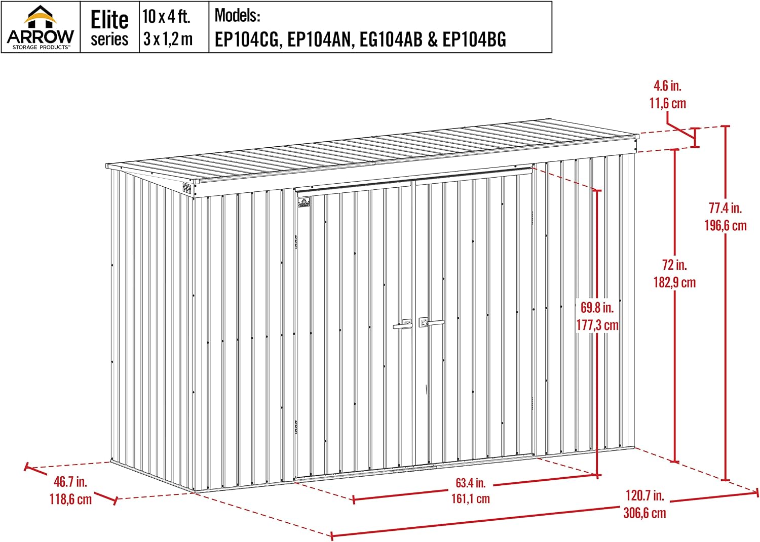 Arrow Shed Elite 10' x 4' Tall Outdoor Steel Storage Shed with High Gable and Lockable Doors Storage Building with Pent Roof, Anthracite