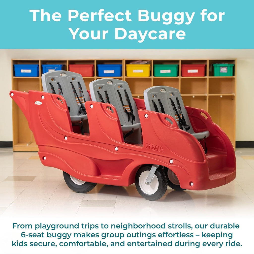 Gaggle by Foundations Parade 6 Seat Buggy Stroller | 6 Passenger Buggy for Kids | 6 Seat Daycare Stroller with 5-Point Safety Harness | EasyLoad Steps | SoftStop Brake | Ergonomic Push Handle | Red