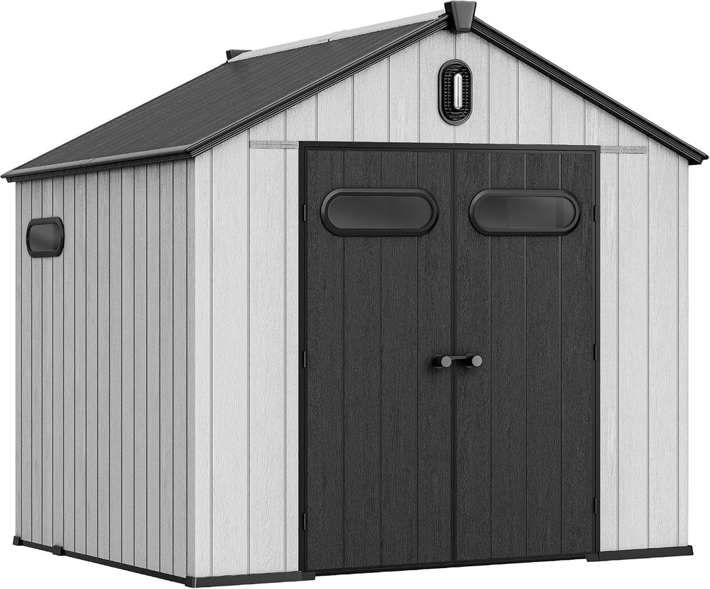 YITAHOME 8x8ft Outdoor Plastic Storage Shed with Floor, Extra Thick Waterproof Garden Shed with Lockable Door, Oval Vision Windows &Vents, 16mm Heavy Duty Tool Storage for Patio, Lawn, Bikes, Gray