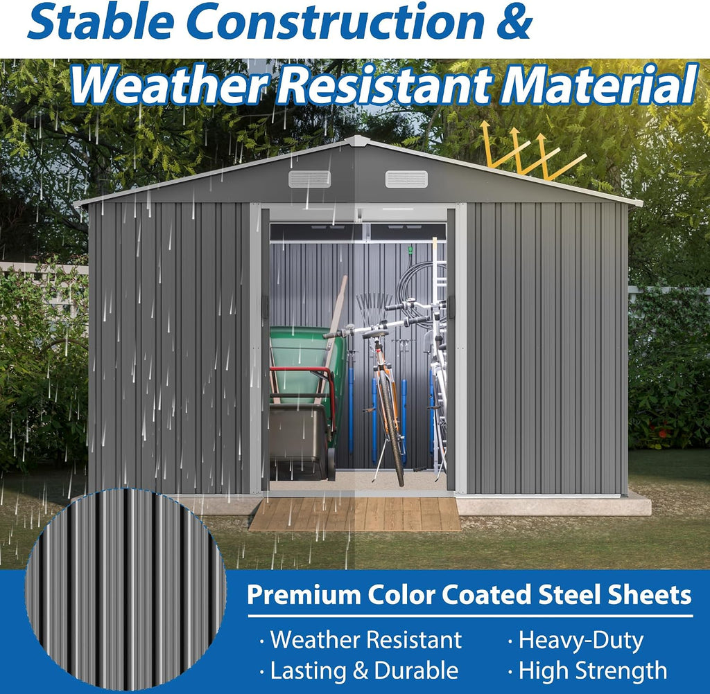 YOPTO 10X8 FT Outdoor Storage Shed W/Lockable Sliding Doors,Metal Shed W/Sloped Roof & Air Vents,All Weather Garden Tool House for Backyard Patio Lawn,Gray