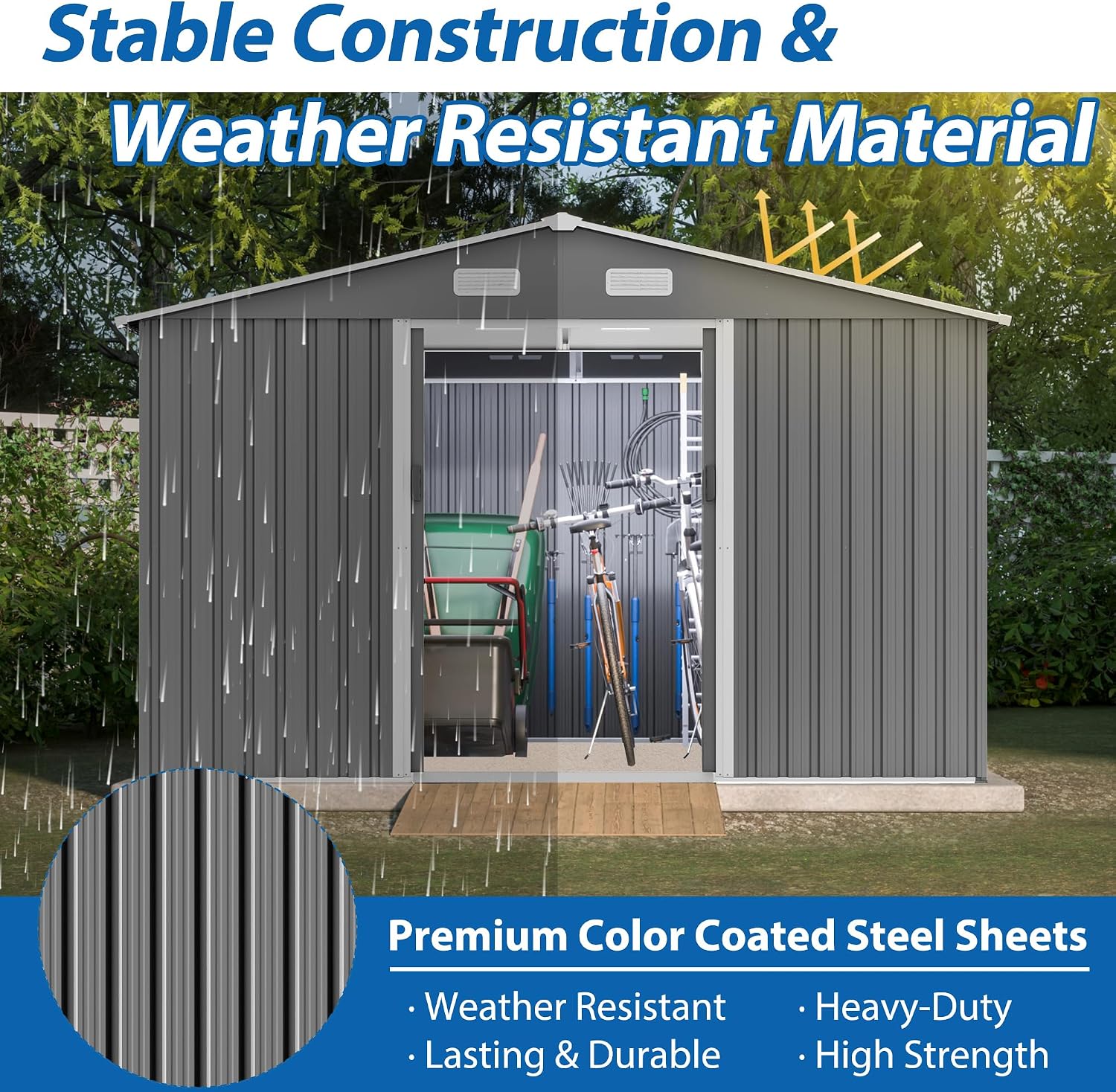 YOPTO 10X8 FT Outdoor Storage Shed W/Lockable Sliding Doors,Metal Shed W/Sloped Roof & Air Vents,All Weather Garden Tool House for Backyard Patio Lawn,Gray