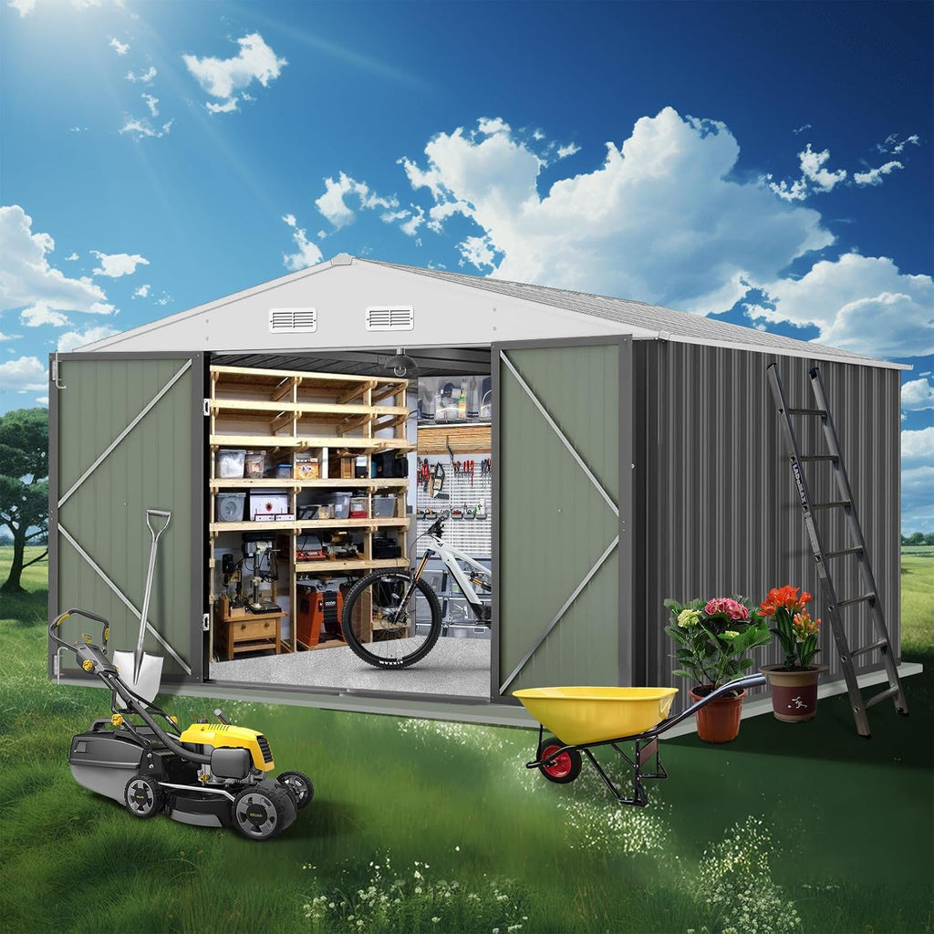 GarveeLife 12x10 ft Outdoor Storage Shed, Large Steel Multipurpose Yard Shed, Metal Outdoor Tool Shed with Sloped Roof and Door Lock Design for Organizing Tools & Equipment in Yard, Garden, Grey
