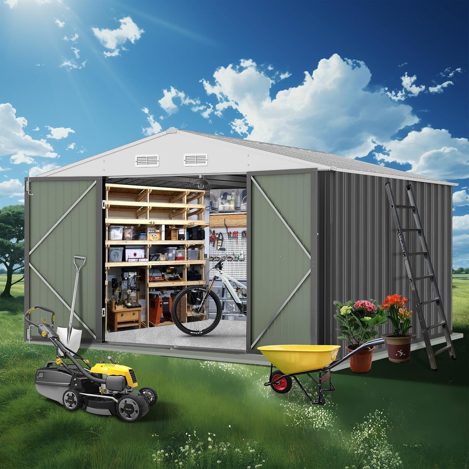 GarveeLife 12x10 ft Outdoor Storage Shed, Large Steel Multipurpose Yard Shed, Metal Outdoor Tool Shed with Sloped Roof and Door Lock Design for Organizing Tools & Equipment in Yard, Garden, Grey