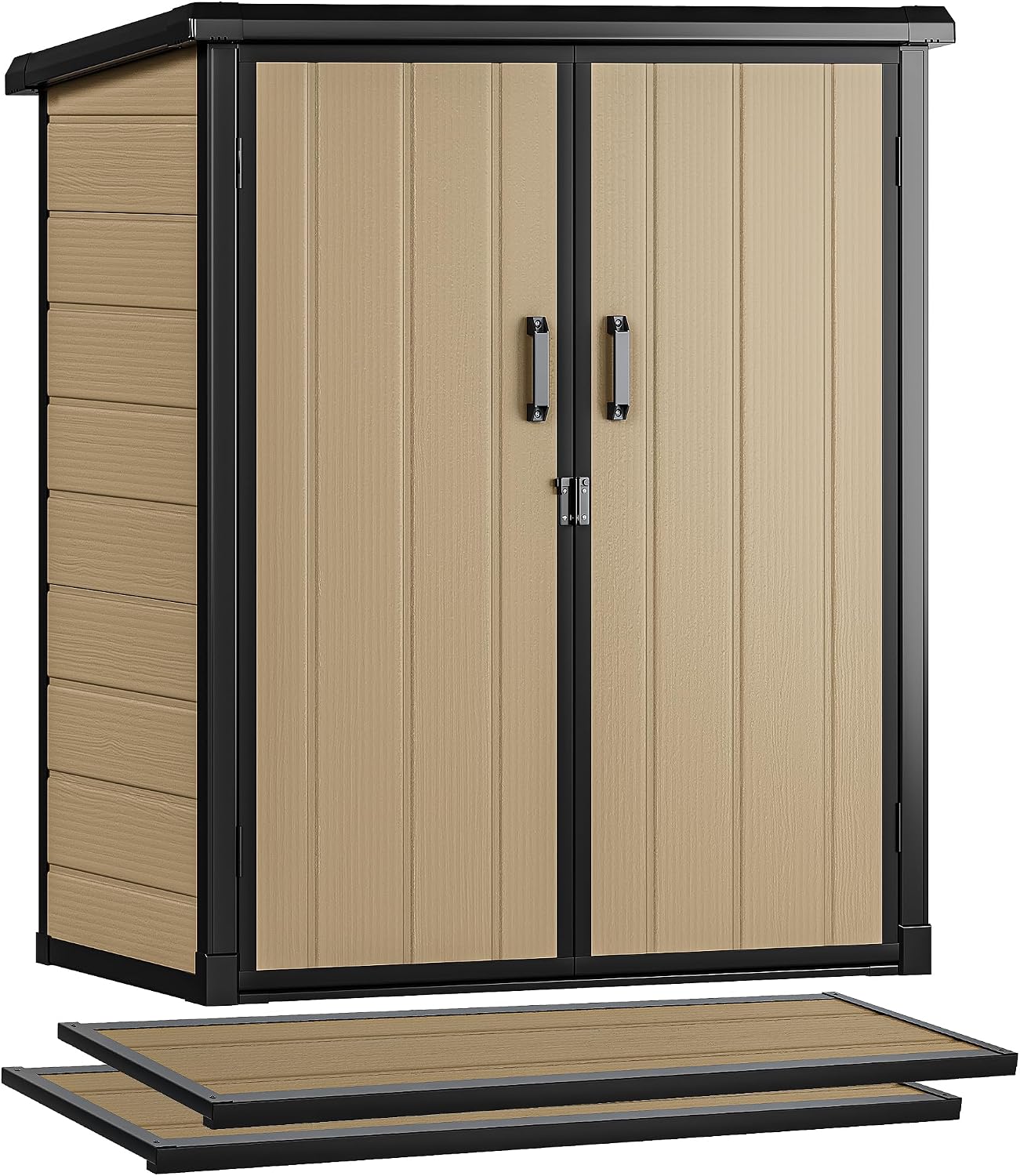 DWVO Outdoor Storage Shed 54 cuft with 2 Shelves, 4.2x2.6x5ft Vertical Tool Shed with Floor & Lockable Doors, Sturdy Double-Wall Plastic Cabinet for Garbage Cans and Garden Storage, Brown