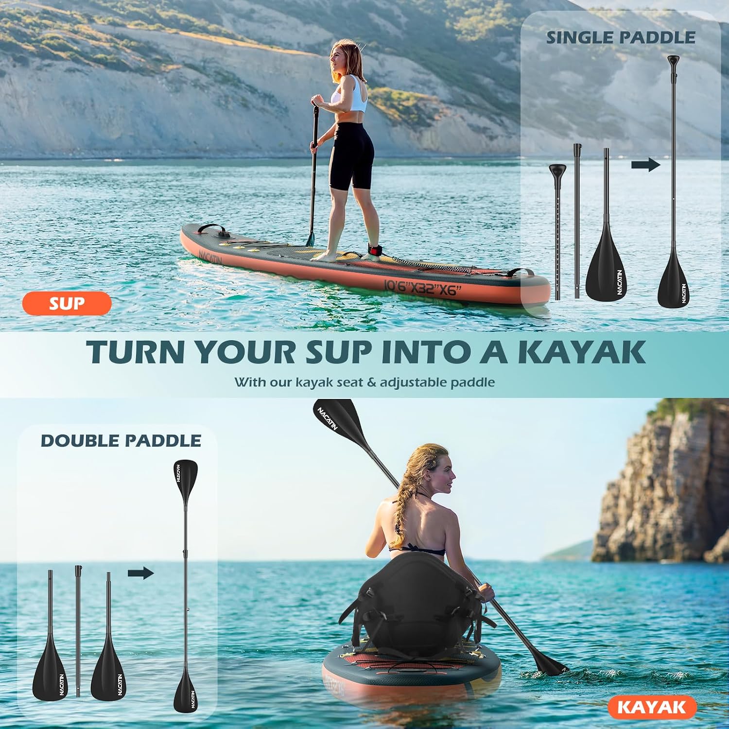 NACATIN Inflatable Stand Up Paddle Board,10'6'Upgrade Version Blow Up Paddle Boards for Adults with Premium SUP Accessories& Backpack,Adjustable Paddle,Camera Mount,Hand Pump, for Lake, River, Yoga