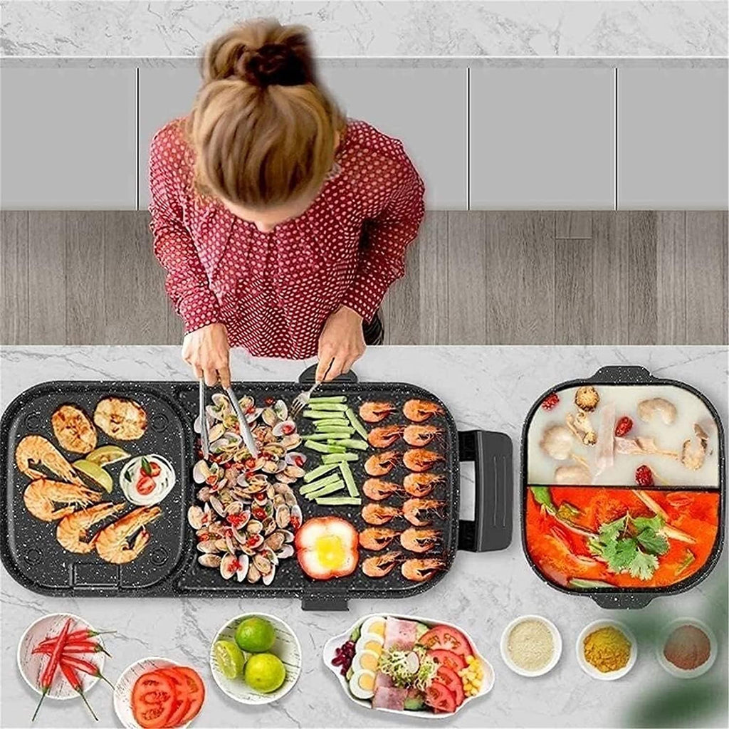 Korean BBQ Grill Home Use Multi-function Electric Grill, 2 In 1 Electric Barbecue Indoor and Outdoor Hot Pot Large Capacity Non-Stick Pan with 5 Temperature Adjustments, fo