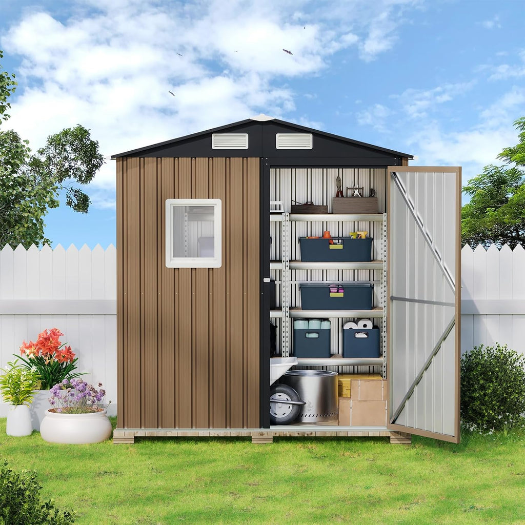 MistMo 6X4FT Outdoor Steel Storage Shed with Lockable Doors, One Window,Ideal for Garden, Backyard, Patio Storage,Brown