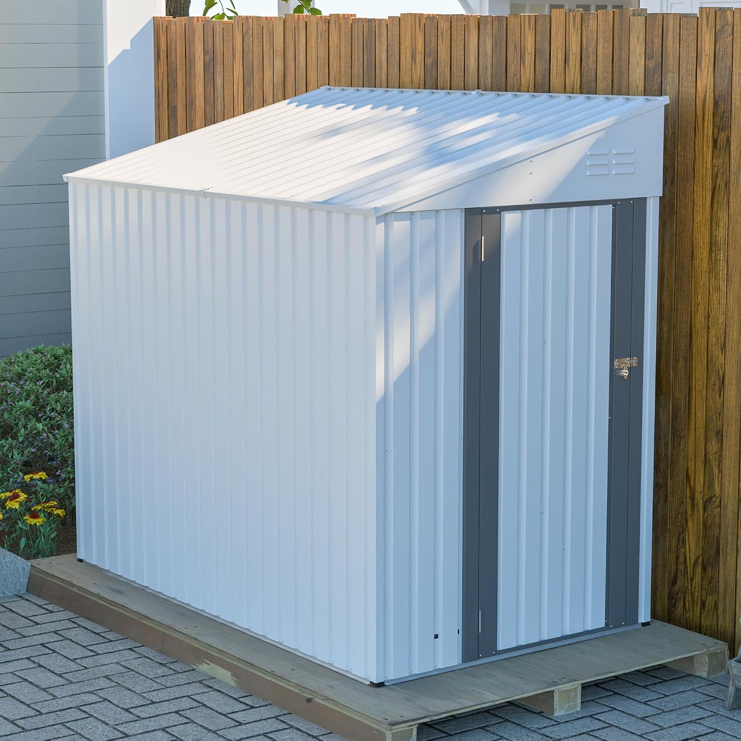 YOPTO 4x7 FT Outdoor Storage Shed,Lean to Lockable Metal Garden Shed Steel with Reinforced Beams,All Weather Waterproof Storage House W/Lockable Door&2 Air Vents,for Backyard,Patio,Lawn,Garden,White