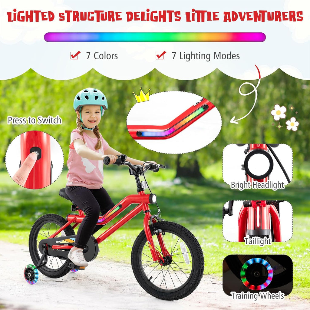 BABY JOY Lighted Kids Bike, 16 18 Inch Children Bicycle with 7-Mode LED Lighted Frame, Headlight, Flash Training Wheels, Dual-Brake, 95% Pre-Assembled, Girls Boys Bike for 4-8 Years