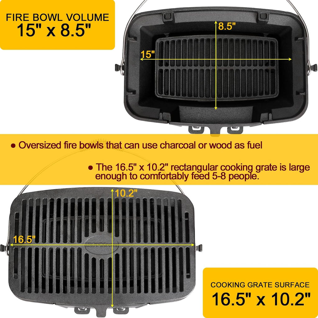 IRONMAX Large Hibachi Grill Outdoor, Portable Charcoal Grill and Tabletop Cast Iron Skillet, 100% Cast Iron, Durable, Camping Grill Grate 16.5' x 10.2' - Coal Door, Draft door