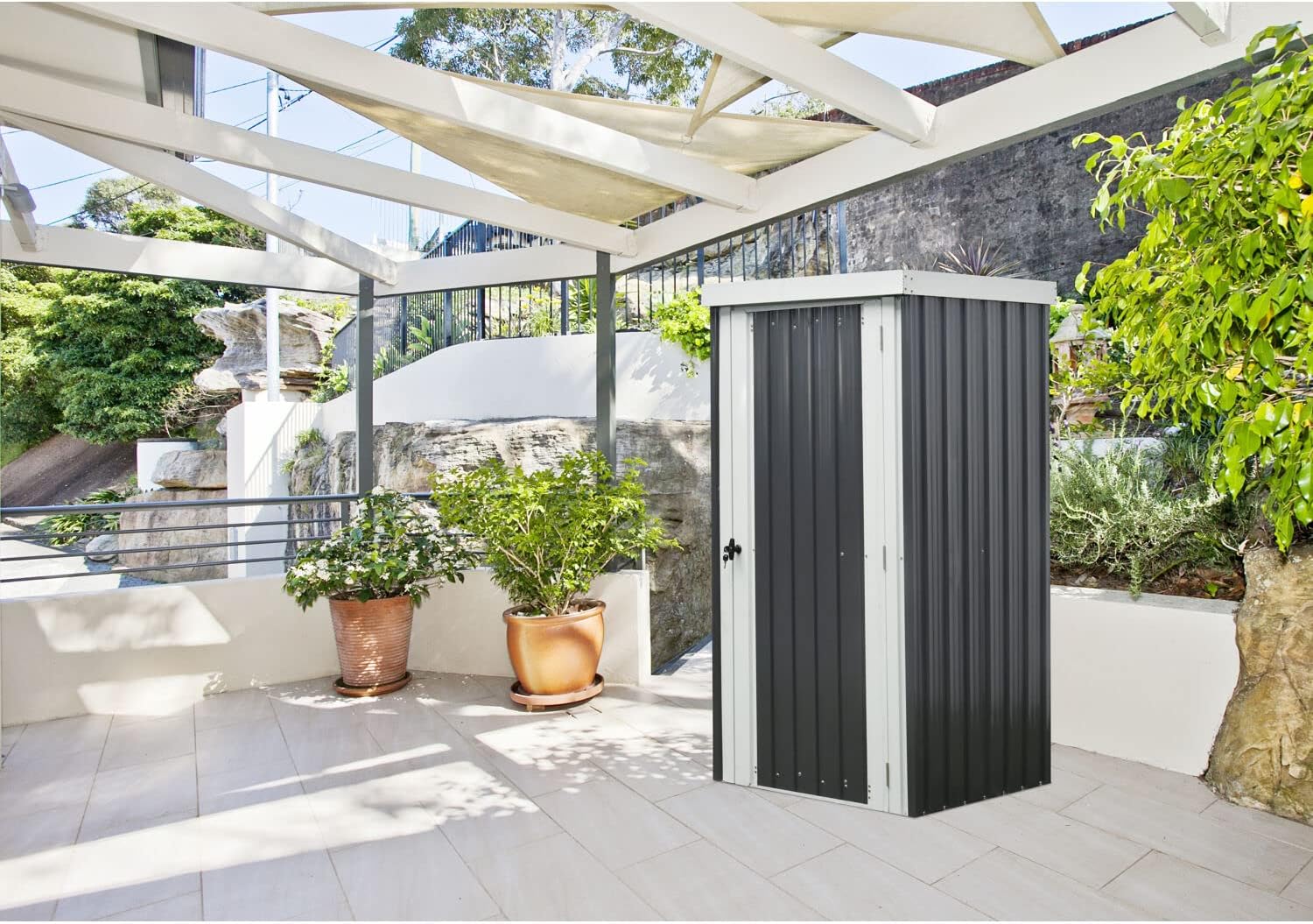 Hanover Galvanized Steel Single Door Patio Storage Shed for Garden Tools with Twist Lock and Key Security, 2 Tool Hooks (3'x3'x6') Dark Gray, White Rust Resistant Outdoor Storage for Yard Supplies