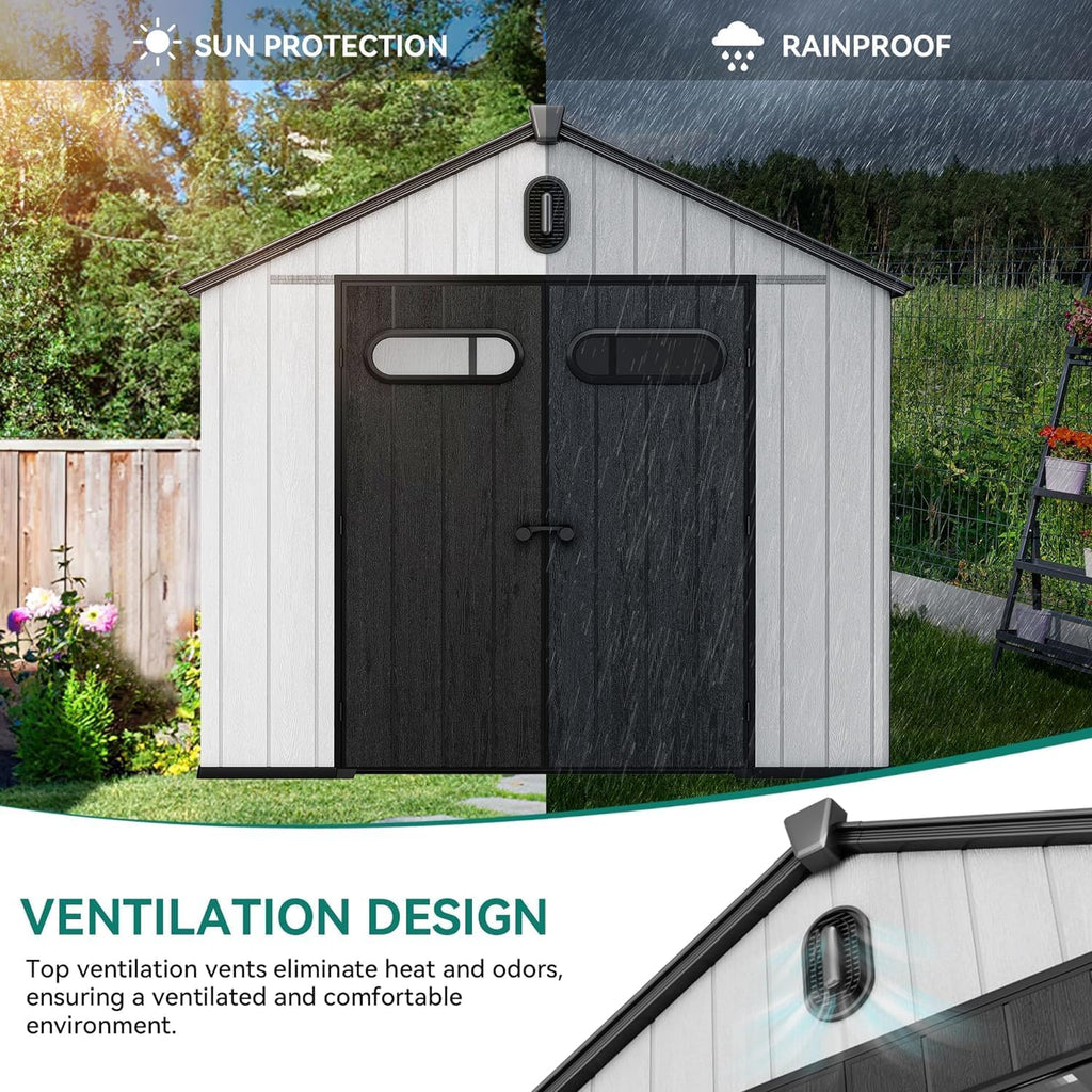 YITAHOME 8x8ft Outdoor Storage Shed with Floor, 427 cuft Waterproof Plastic Garden Shed with Lockable Door, Windows & Vents, Plastic Tool Storage for Patio Furniture, Lawn Mower, Bike Storage, Gray