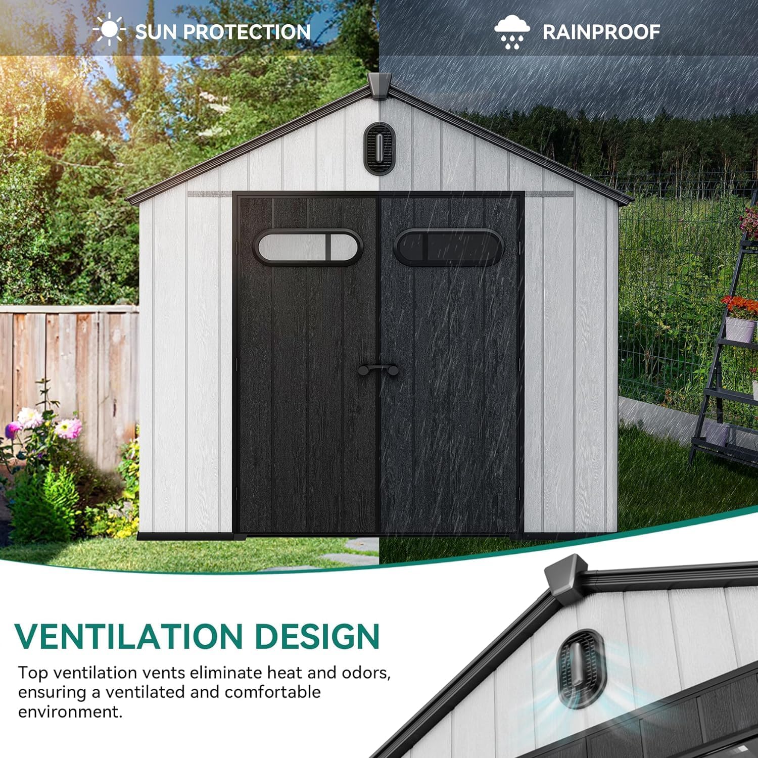 YITAHOME 8x8ft Outdoor Storage Shed with Floor, 427 cuft Waterproof Plastic Garden Shed with Lockable Door, Windows & Vents, Plastic Tool Storage for Patio Furniture, Lawn Mower, Bike Storage, Gray