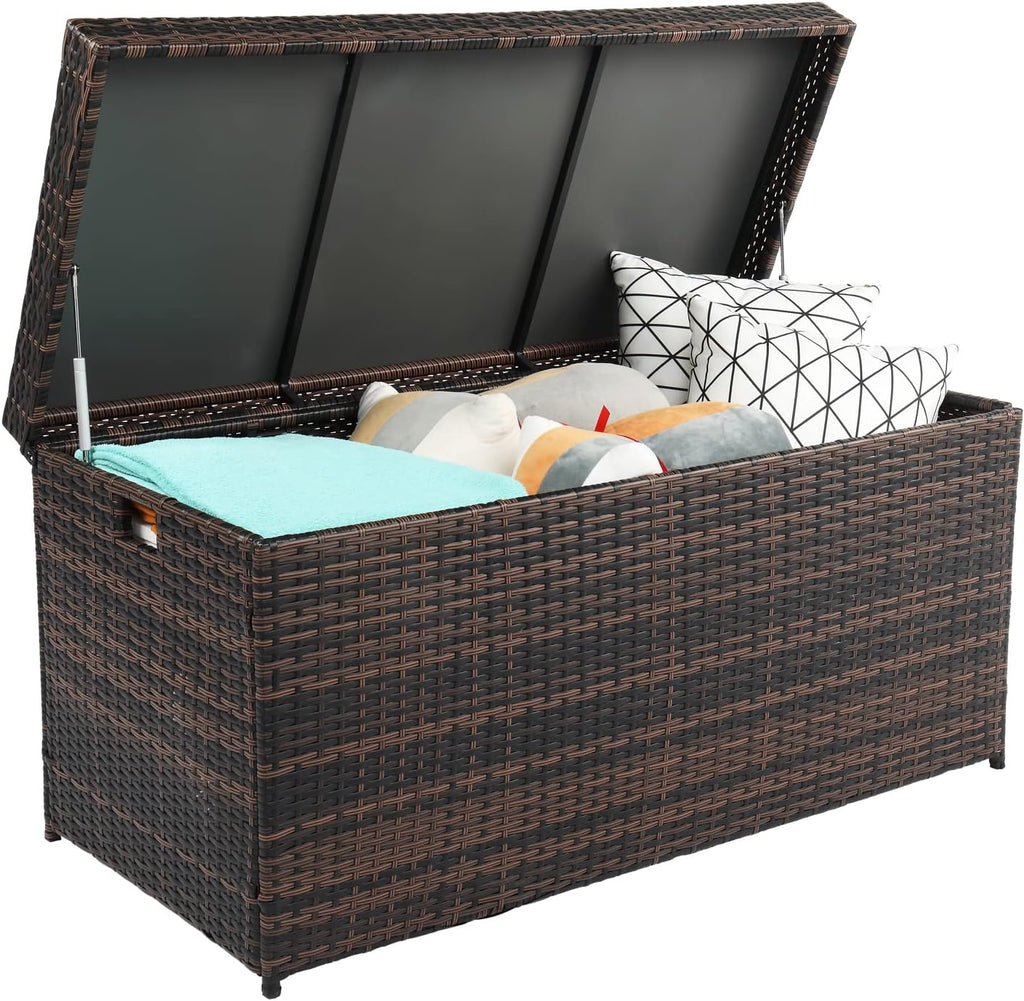 VINGLI Outdoor Wicker Storage Box, 132 Gallon Patio Rattan Deck Box, Wicker Storage Bench for Indoor & Outdoor Use