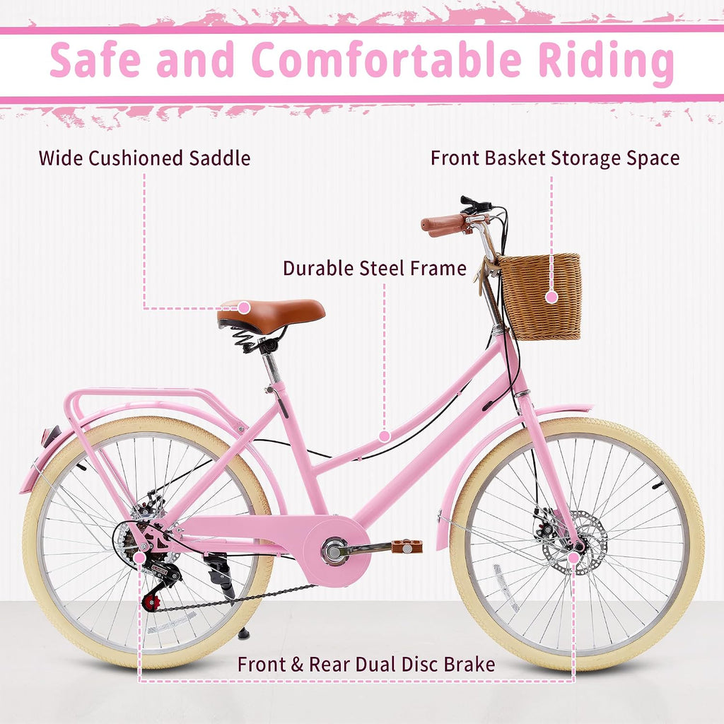 DEYGIA Kids Bike, Retro Cruiser Bike for Girls, 20 24 Inch 7-Speed Kids Bicycles for Ages 6-14 Girls Youth with Rattan Basket, Dual-Disc Brake Carbon Steel Frame Lightweight Bicycle, Multiple Colors