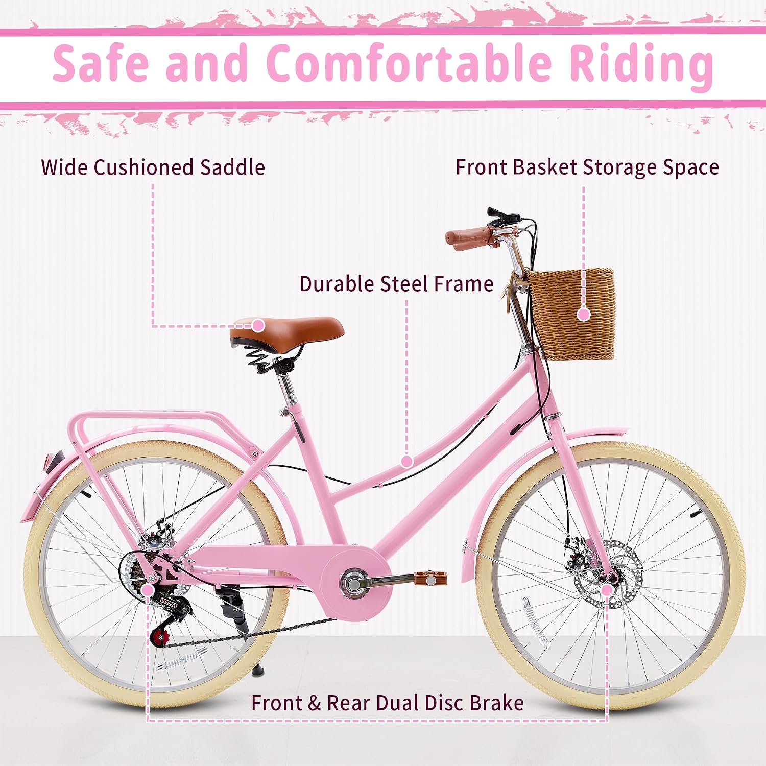 DEYGIA Kids Bike, Retro Cruiser Bike for Girls, 20 24 Inch 7-Speed Kids Bicycles for Ages 6-14 Girls Youth with Rattan Basket, Dual-Disc Brake Carbon Steel Frame Lightweight Bicycle, Multiple Colors