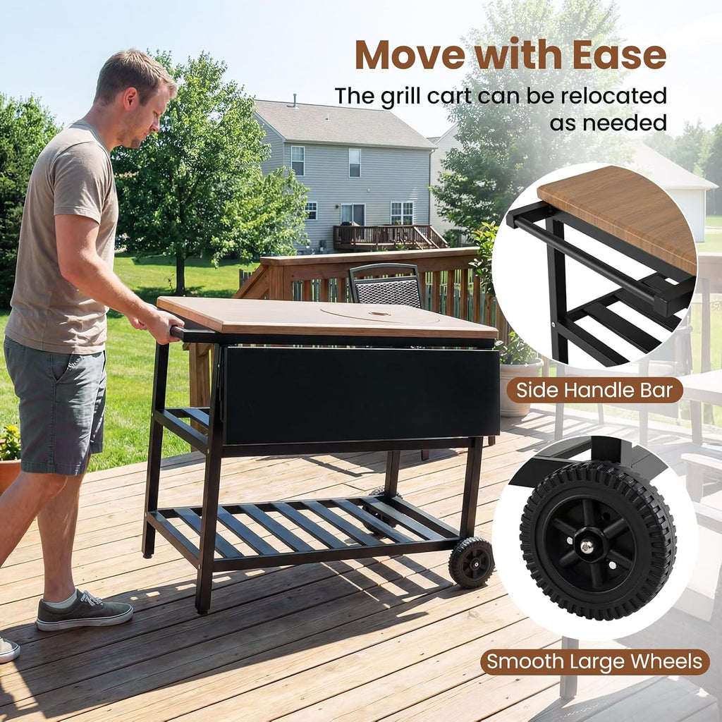 HAPPYGRILL Outdoor Grill Cart, Movable Food Prep Table with Korean BBQ Charcoal Grill, Foldable Side Panel, 2 Storage Shelves, Outside Pizza Oven Table for Patio Backyard Cooking BBQ