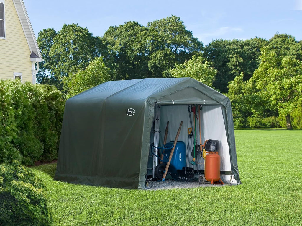 Scotts 10' x 10' x 8' All Season Outdoor Storage Shed with Waterproof Cover, Green