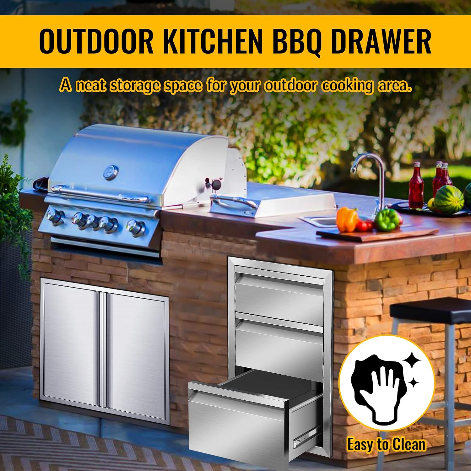 Outdoor Kitchen Drawers 14W x 21H x 23D Stainless Steel Flush Mount BBQ Triple Drawers for Outdoor Kitchen Island, or Patio Grill Station