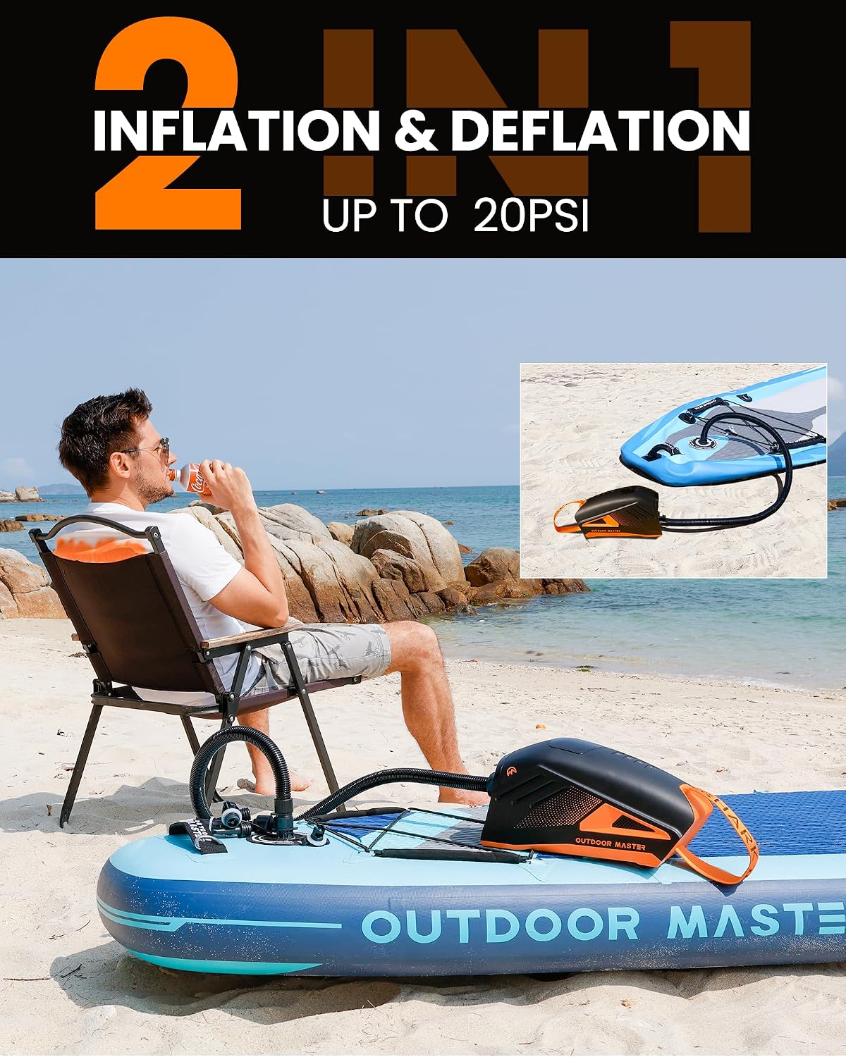 OutdoorMaster Shark 3 Paddle Board Pump Electric - 3'50' Fast Inflation, 20PSI 74Wh Rechargeable SUP Air Pump- Auto-Off & Deflation, 12V/15.8V DC & Type-C Input, 8 Nozzles for Inflatables, Boats,Kites