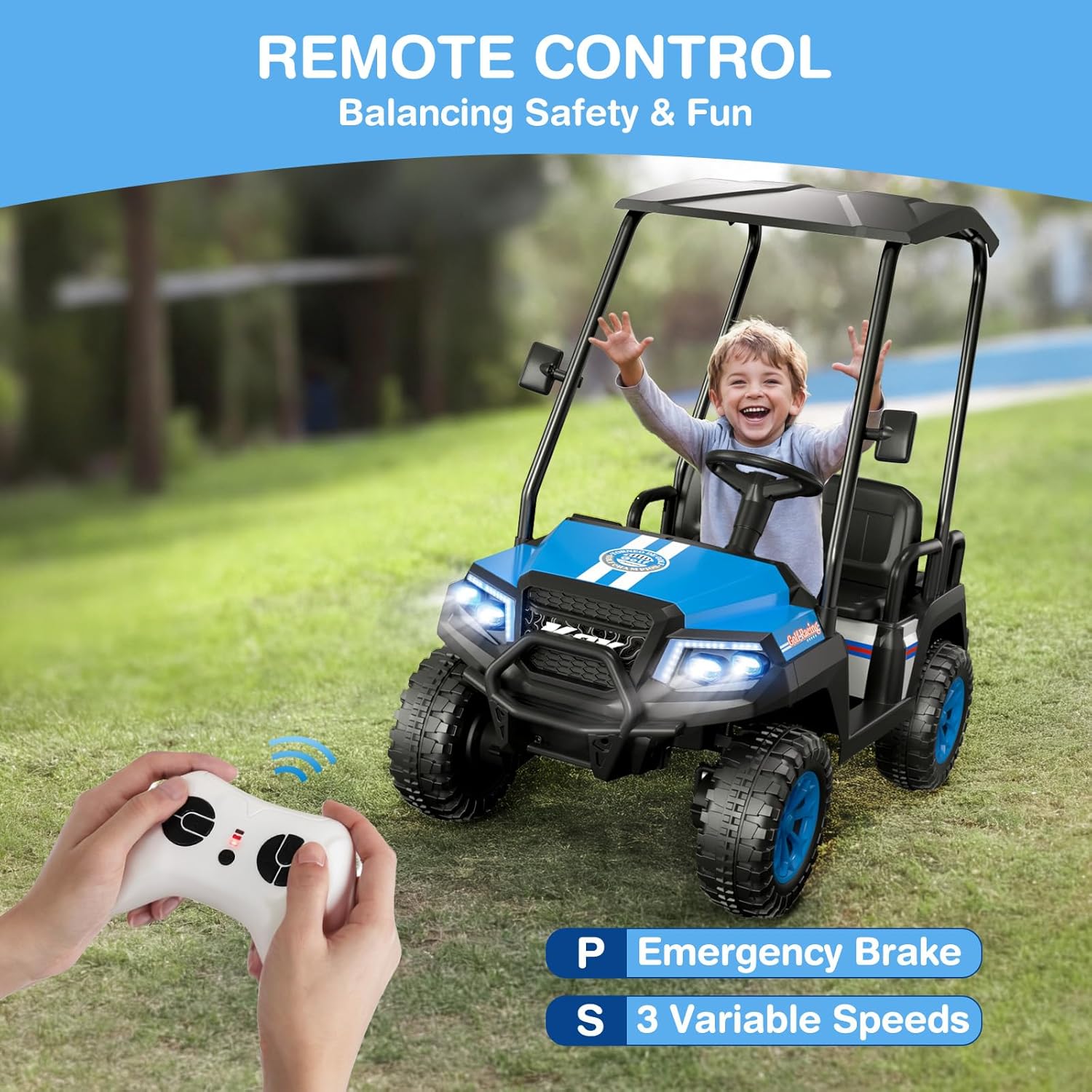 R9 24V Kids Golf Cart, 4 Seats, 4WD Kids Electric Car w/Remote Control, Spring Suspension, Multimedia Functions Including Music, Story, Wireless Connection, Horn, Power Display, Detachable Awning