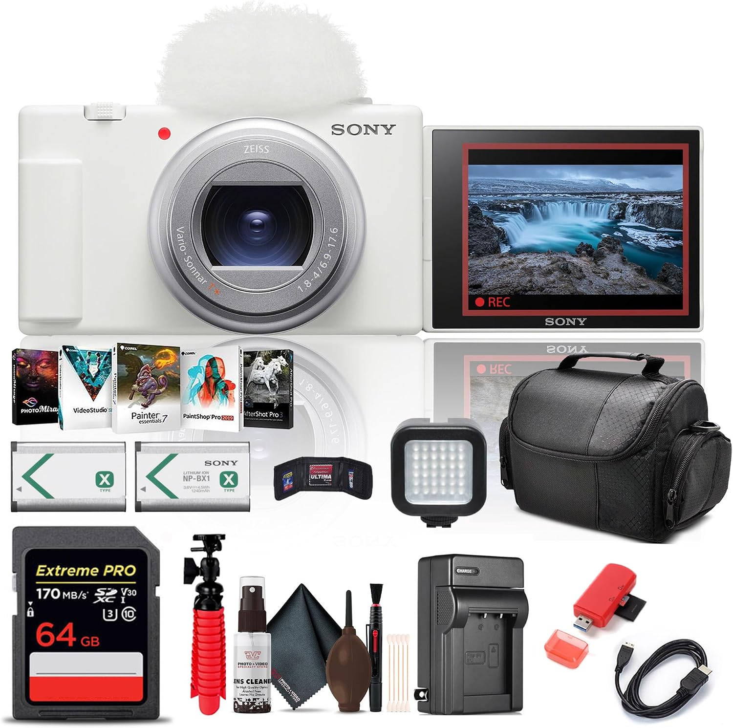 Sony ZV-1 II Vlog Camera for Content Creators and Vloggers (White) (ZV-1M2/W) + 64GB Card + Photo Software + NP-BX1 Battery + Card Reader + LED Light + Soft Bag + Charger + Flex Tripod + More