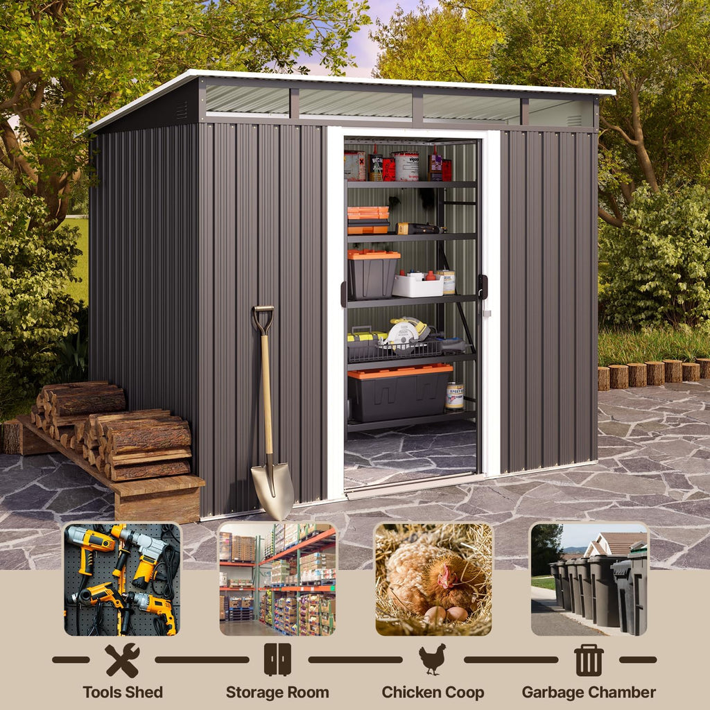 Gizoon 7.4'x5.3' Outdoor Storage Shed Metal Garden Shed with Sliding Lockable Doors, Versatile Tool Bike Shed with Transparent Panel Windows, Outdoor Storage Clearance for Backyard, Patio, Dark Gray