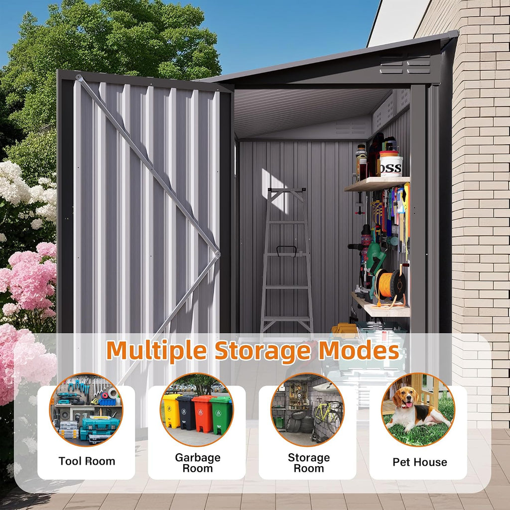 4x9 FT Lean to Shed with Windows, Outdoor Storage Metal Shed with 6 Vents and 1 Side Open Door, Outdoor Storage Shed Waterproof for Backyard, Garden, Patio, Gray