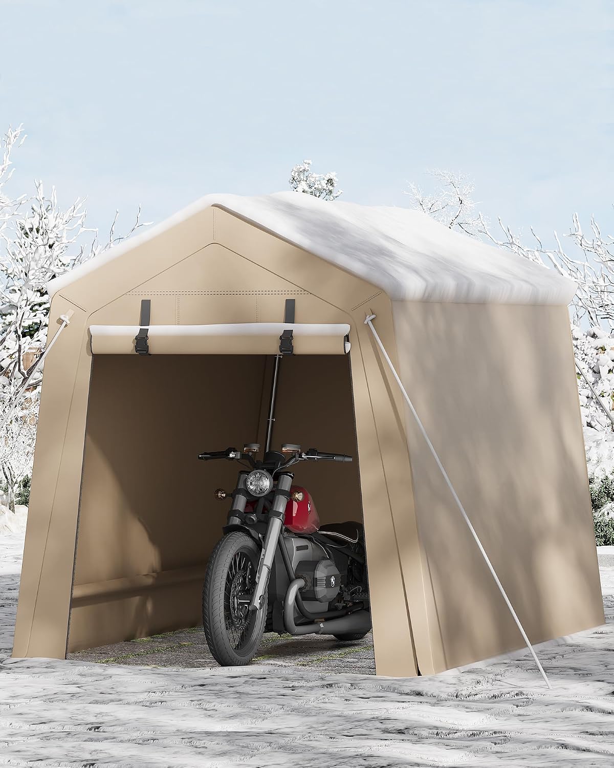 GarveeHome 6x6 FT Portable Outdoor Storage Shed with Roll-Up Zipper Door & Vent, 240G Heavy-Duty Shelter Waterproof PE Tarp, UV-Resistant Carport for Motorcycle, Firewood, Tools -Gray (Khaki, 6x8)