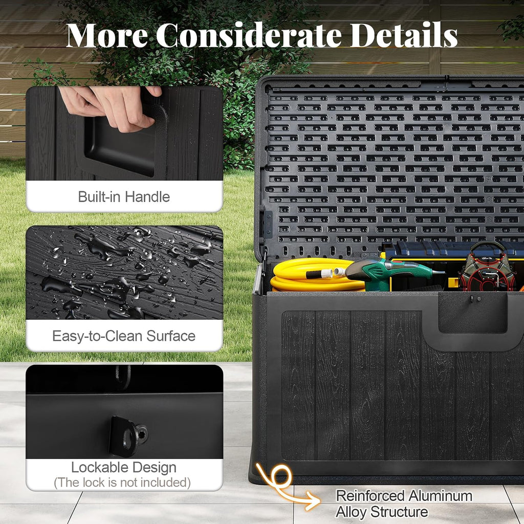 HAPPYGRILL Outdoor Storage Deck Box with Lockable Design & Gas Strut, Handle, 100 Gallon HDPE Patio Storage Organizer for Lawn Backyard Poolside (Black)