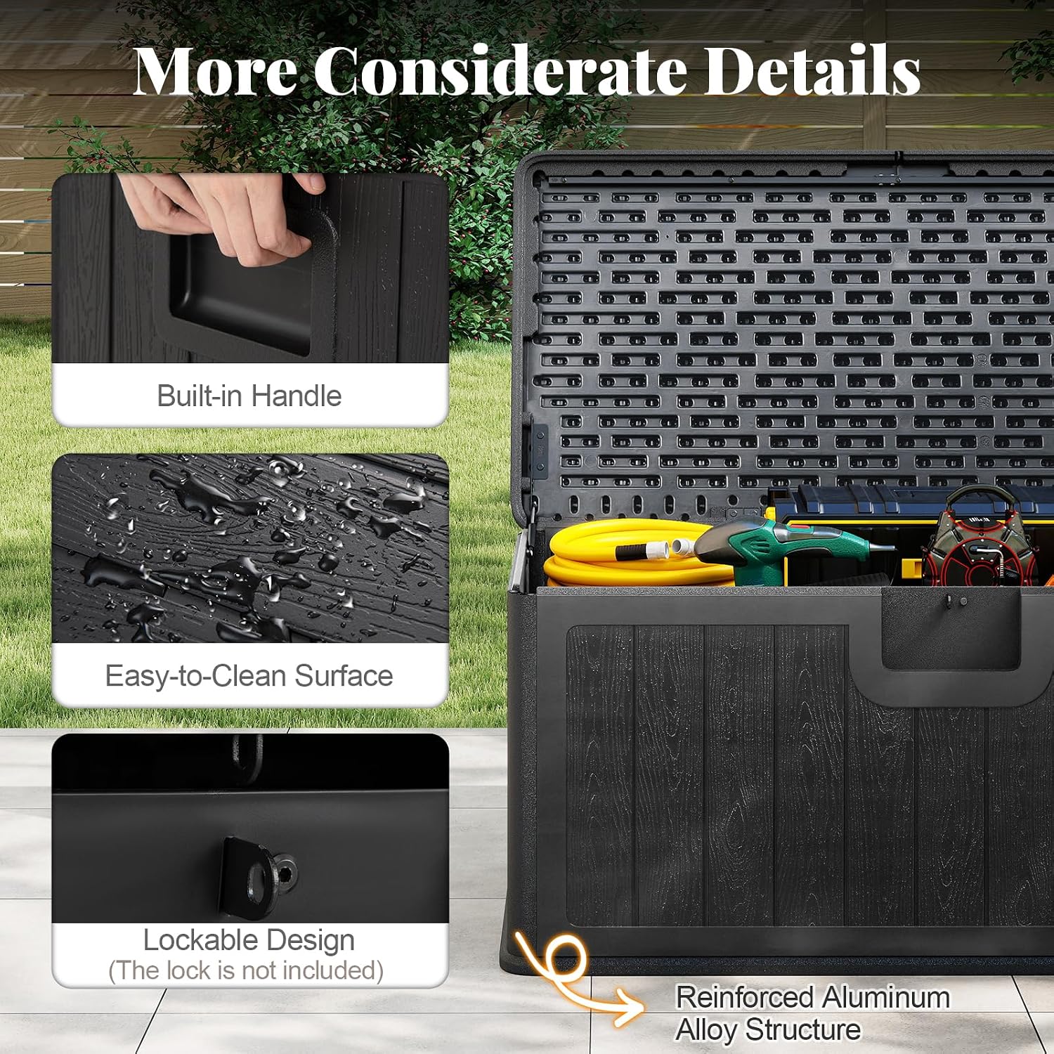 HAPPYGRILL Outdoor Storage Deck Box with Lockable Design & Gas Strut, Handle, 100 Gallon HDPE Patio Storage Organizer for Lawn Backyard Poolside (Black)