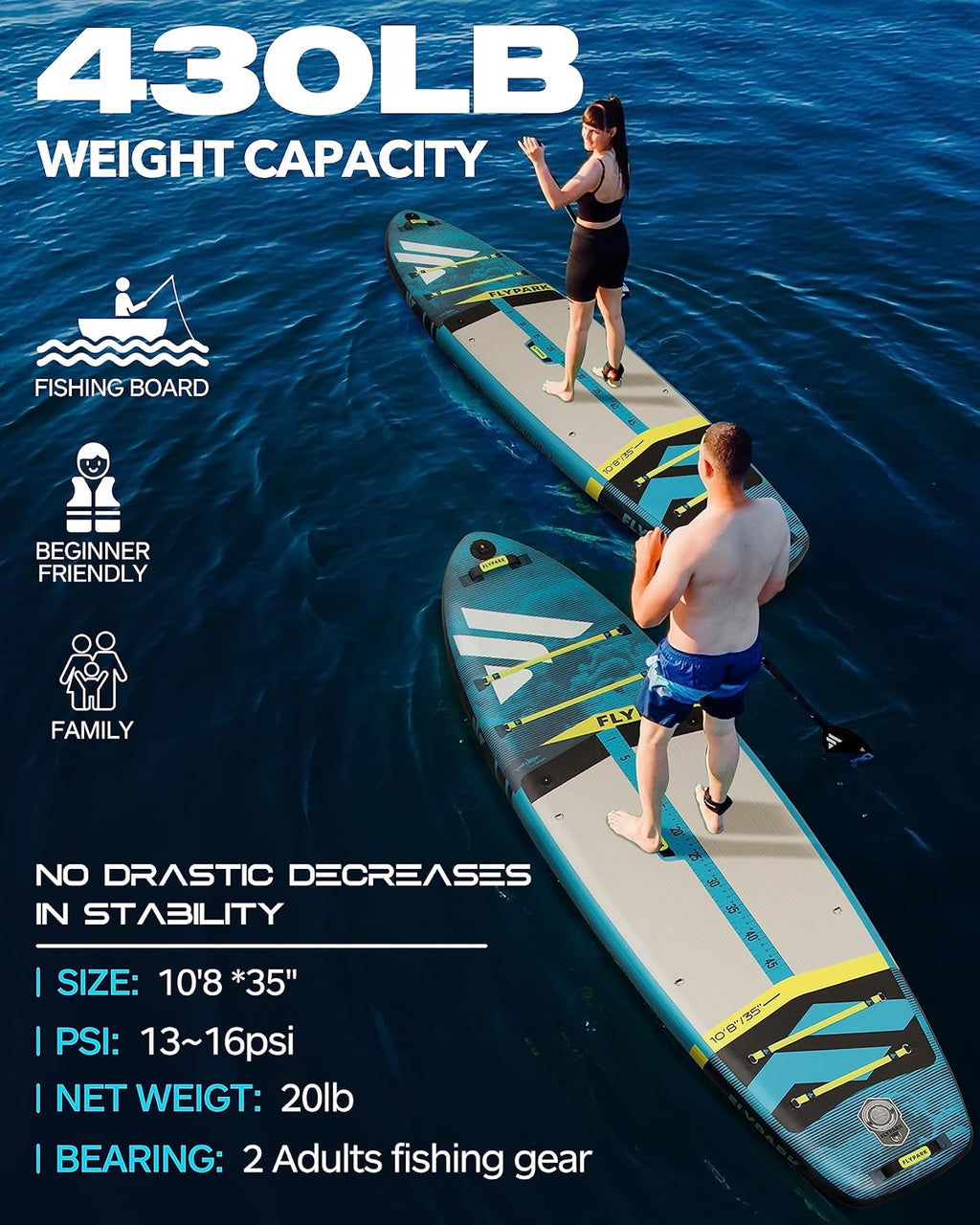 Flypark 10'8/11'x35'' Fishing&Family Stable Inflatable Paddle Boards, Extra Wide SUP Paddleboard Inflatable, 430lb/3 People, Stand Up Paddle Board for Adults, Camera Mount, Shoulder Strap, Rod Holder