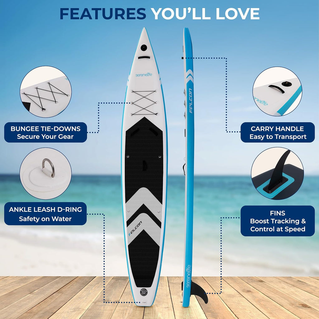 SereneLife 14' Inflatable Stand Up Paddle Board for Racing – 28' Narrow Design for Expert Paddlers with Non-Slip EVA Deck Pad, Includes Premium SUP Accessories and GoPro Mount, for Youth and Adults