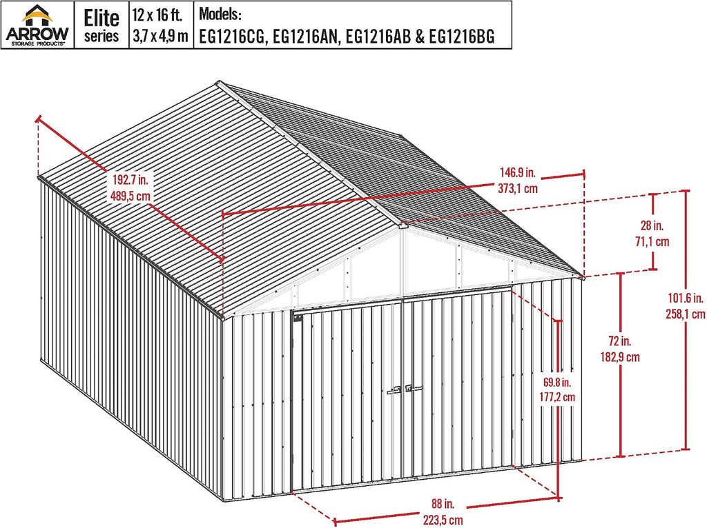 Arrow Shed Elite 12' x 16' Tall Outdoor Steel Storage Shed with High Gable and Lockable Doors Storage Building, Anthracite