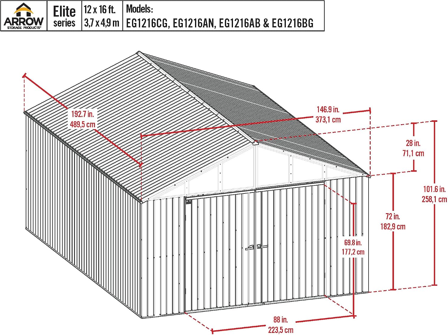 Arrow Shed Elite 12' x 16' Tall Outdoor Steel Storage Shed with High Gable and Lockable Doors Storage Building, Anthracite