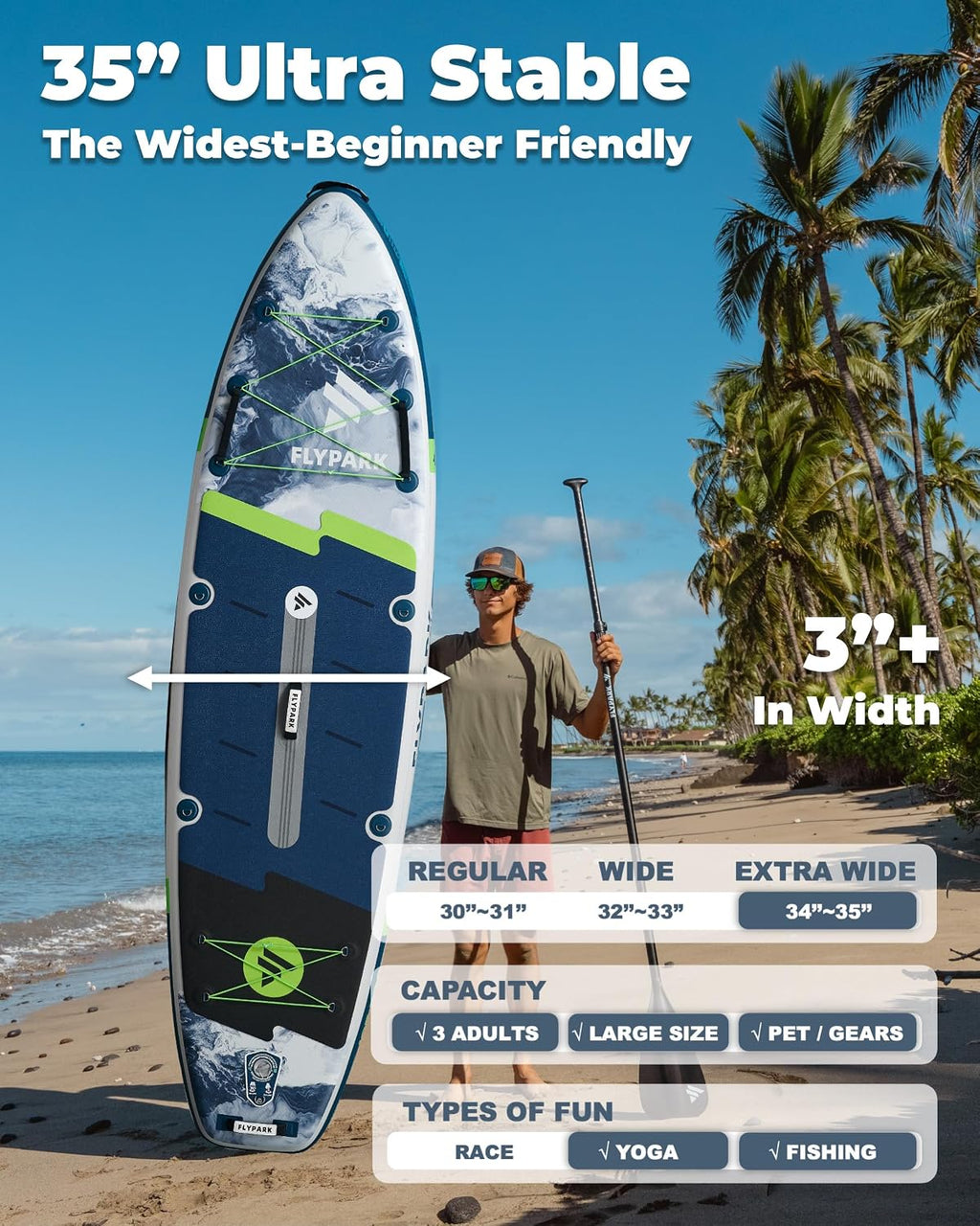 Flypark 10'8/11'x35'' Fishing&Family Stable Inflatable Paddle Boards, Extra Wide SUP Paddleboard Inflatable, 430lb/3 People, Stand Up Paddle Board for Adults, Camera Mount, Shoulder Strap, Rod Holder