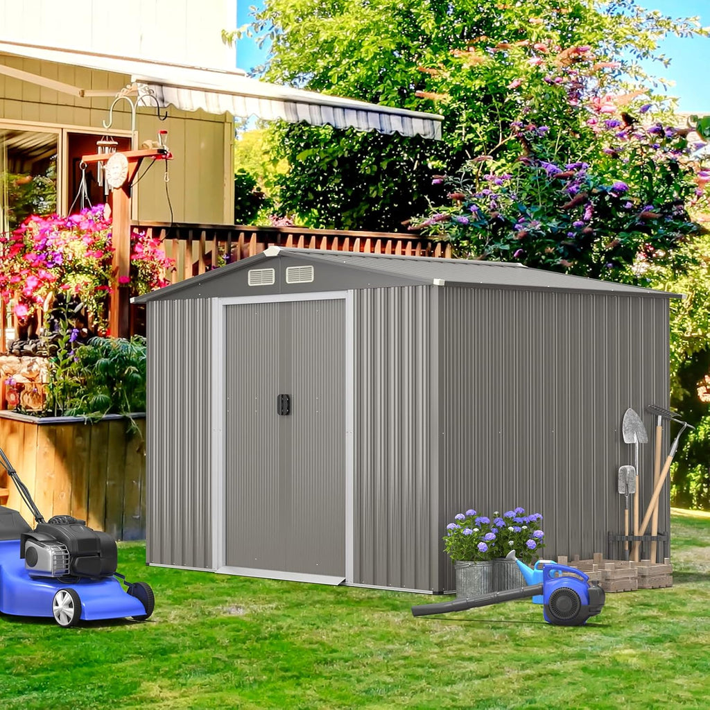 Goplus Outdoor Storage Shed, 8.5' x 6.8' x 6' Weather-Resistant Utility Tool Organizer w/Foundation, 4 Louvers, Double Doors & Ramp, Galvanized Steel Tool Shed for Garden, Lawn, Yard