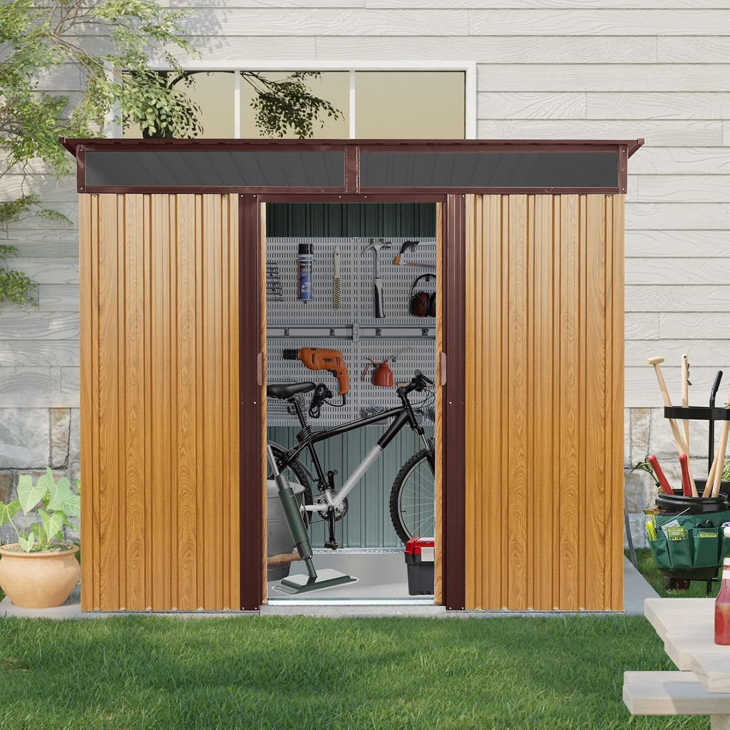 8x6 ft Outdoor Metal Storage Shed with Foundation Frame, Galvanized Steel Tool Shed with Lockable Sliding Door, Transparent Plate and Air Vent, Waterproof Garden Storage House for Backyard, Patio