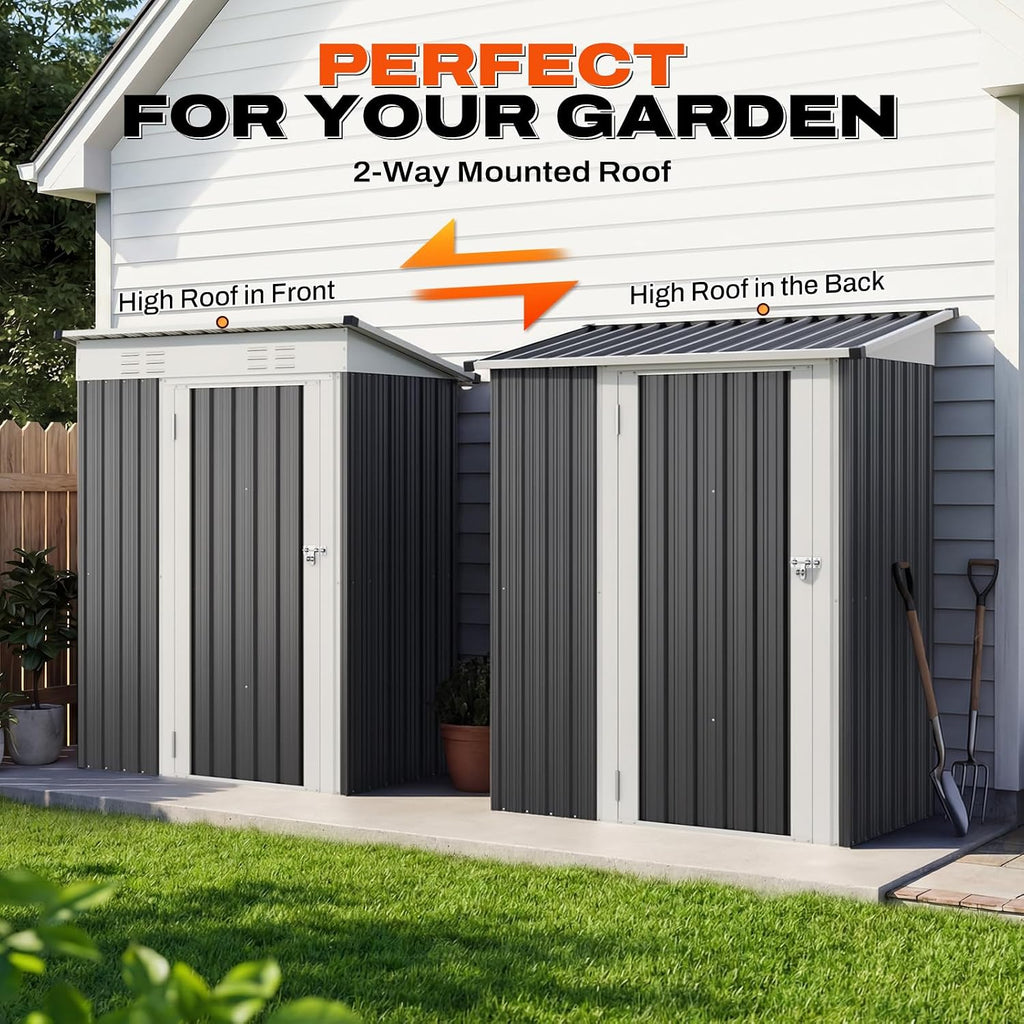 Quictent 5x3 FT Outdoor Storage Shed, Metal Garden Tool Shed with 2-Way Sloping Roof & 28' Wide Lockable Door, Waterproof Galvanized Steel for Backyard Garden Patio Lawn, Dark Gray