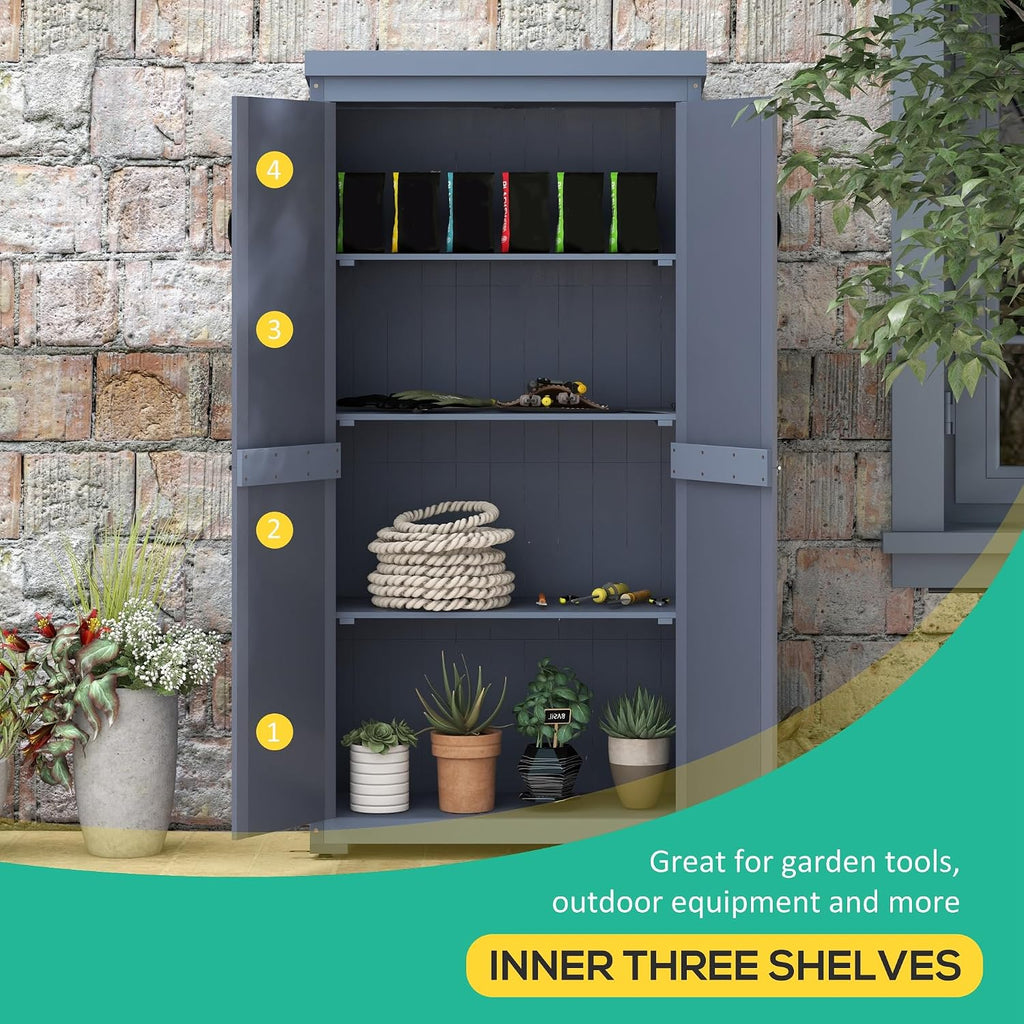 Outsunny Wooden Garden Shed, Outdoor Storage Cabinet with Waterproof Galvanized Metal Roof, Narrow Tool Shed with 3 Shelves and Lockable Door, Gray