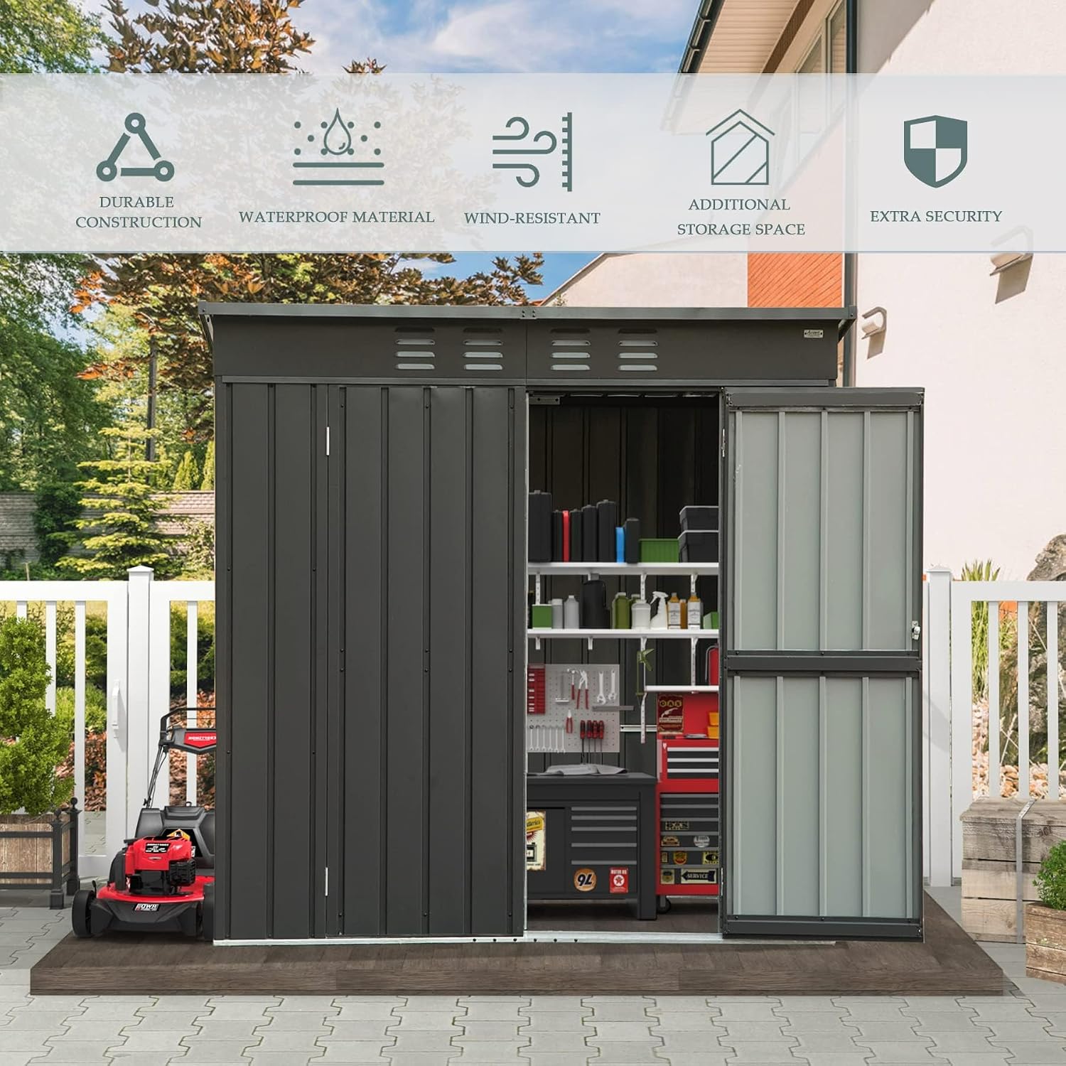 Domi Outdoor Storage Shed 5' x 3', Metal Garden Shed with Galvanized Steel Frame for Bike, Tools, Lawn Mowers, Pool Toys, Outdoor Storage Cabinet with Lockable Door for Garden Lawn Patio (Dark Grey)