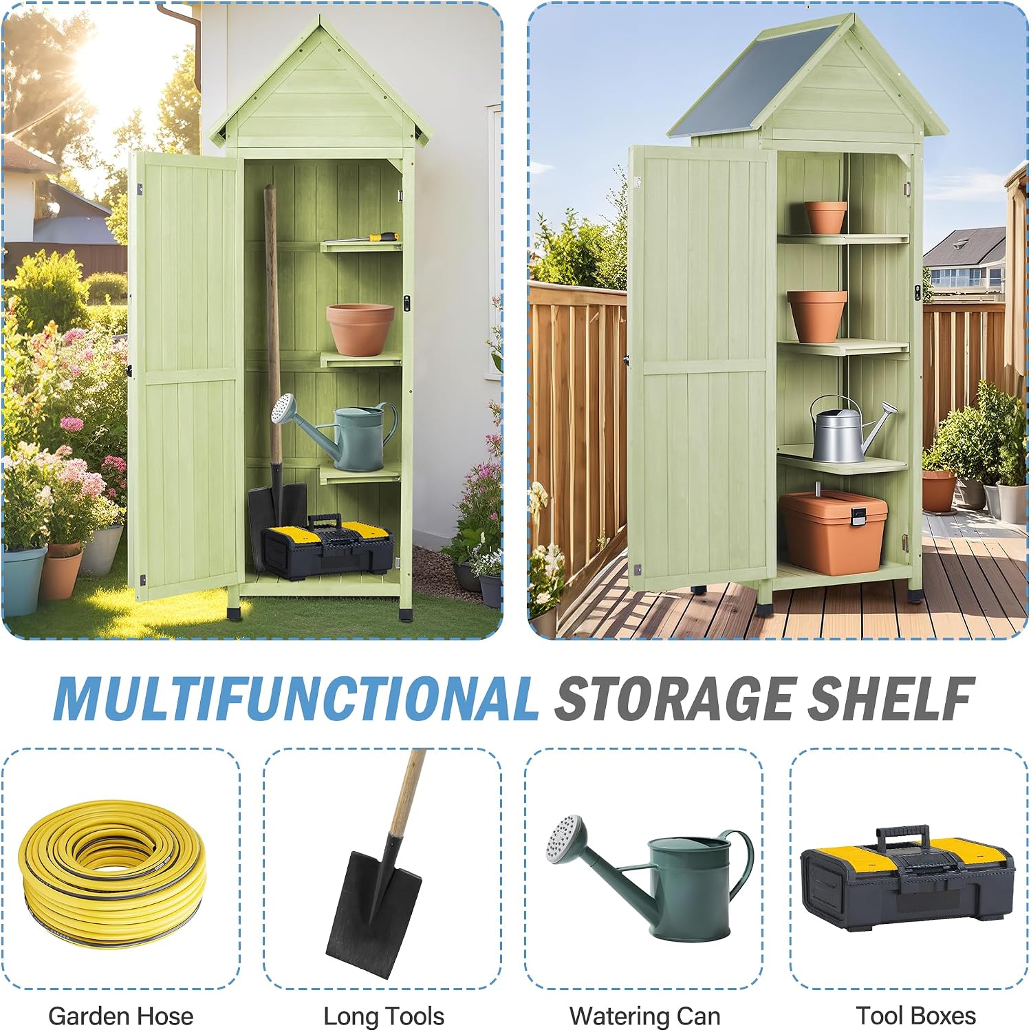 Wooden Outdoor Storage Cabinet,Tall Vertical Garden Tool Shed with Waterproof Metal Roof & Adjustable Feet – Perfect for Yard, Patio, Lawn & Deck (Green, 22' x 26' x 67')